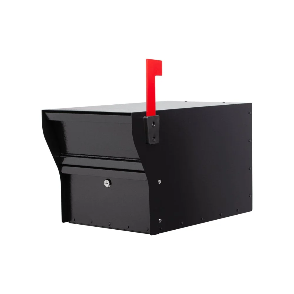Black mailbox with a red flag against a white background.