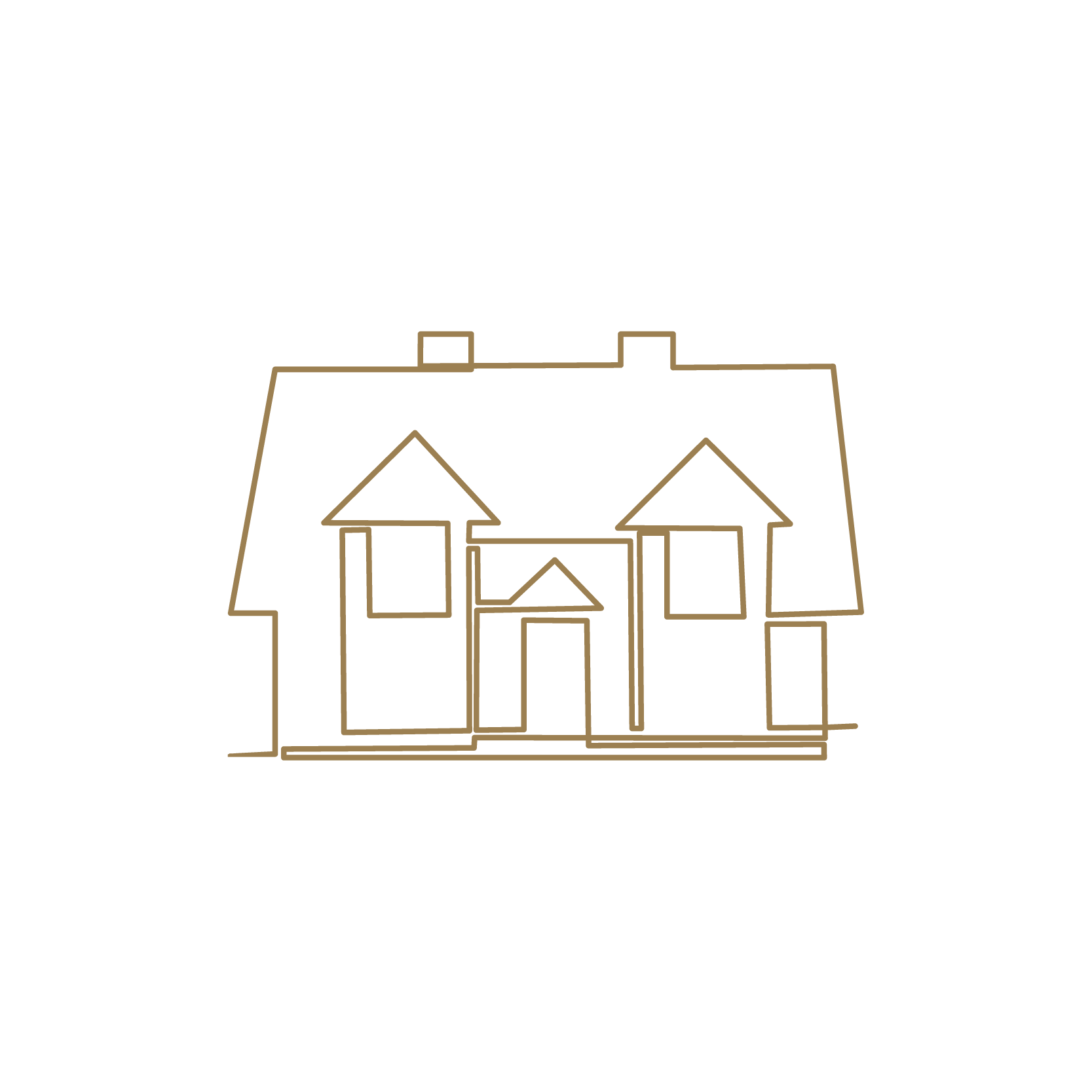 Line drawing of a house with a pitched roof, chimney, and multiple windows, shown in a minimalist style.