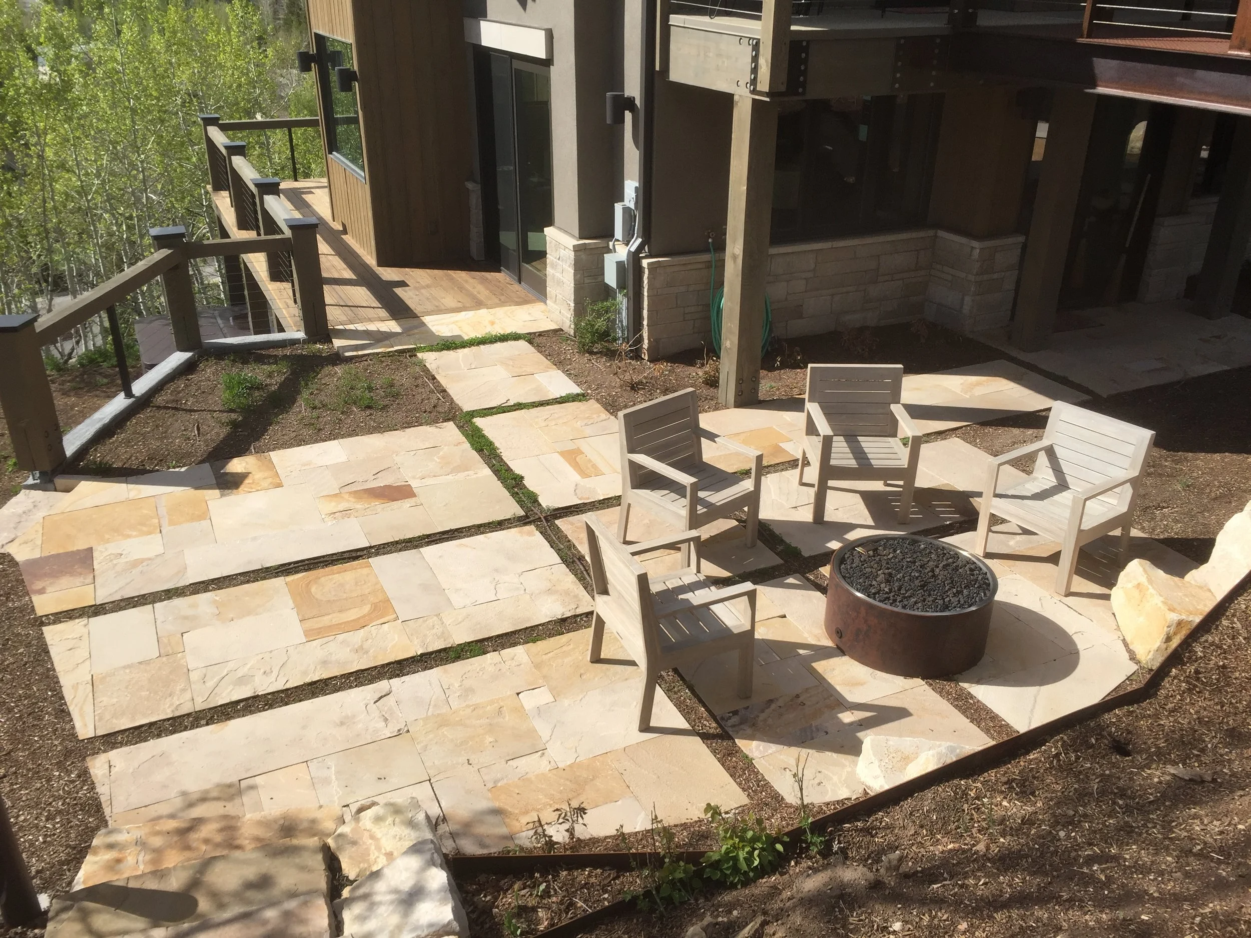 Corten Metal Fire Pit, Stone Patio, Contemporary Patio
