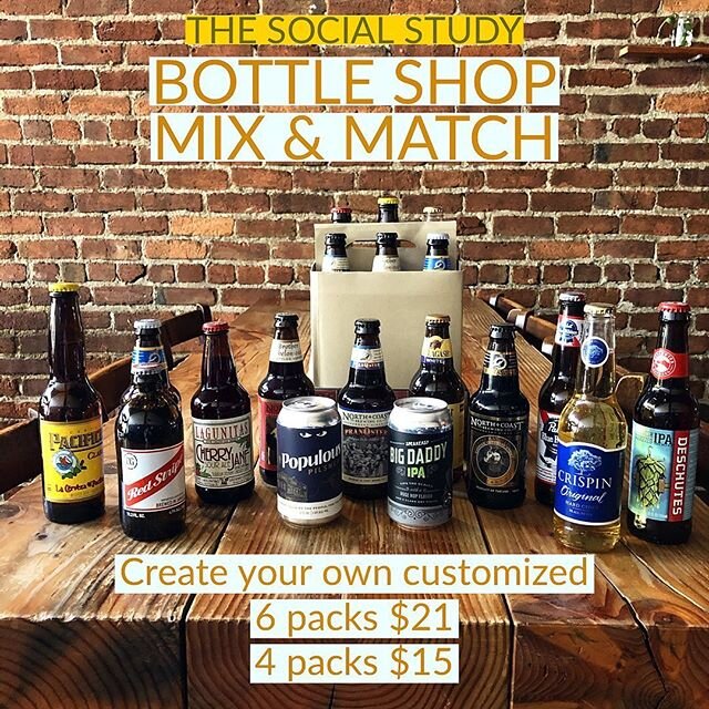 Skip the lines, customize, and mix it up at @socialstudysf Create your own personalized 4 or 6 packs of beer to go! Choose from over a dozen bottled beers and customize your own packs for the week! Great snacks, beer, wine, and sweets for takeout. Ha