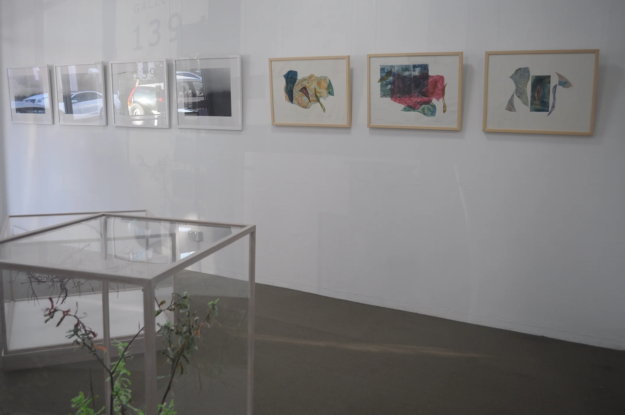 installation view (Chris Byrnes-photography, Anne McLaughlin-printmaking, Rieteka Geursen-paper sculpture)