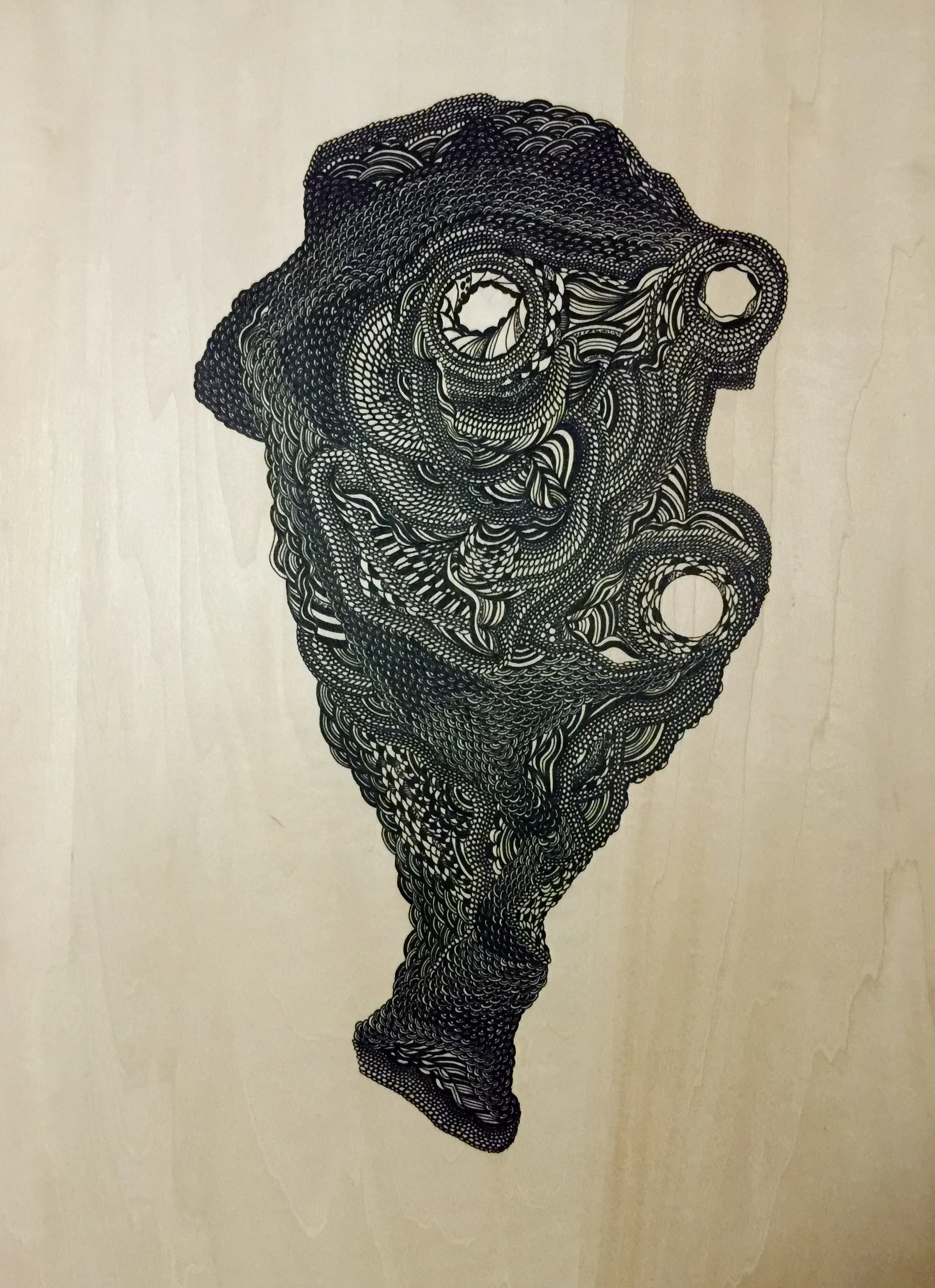 "The Mask" ink on Shina Japanese plywood 45cm x 30cm unframed SOLD