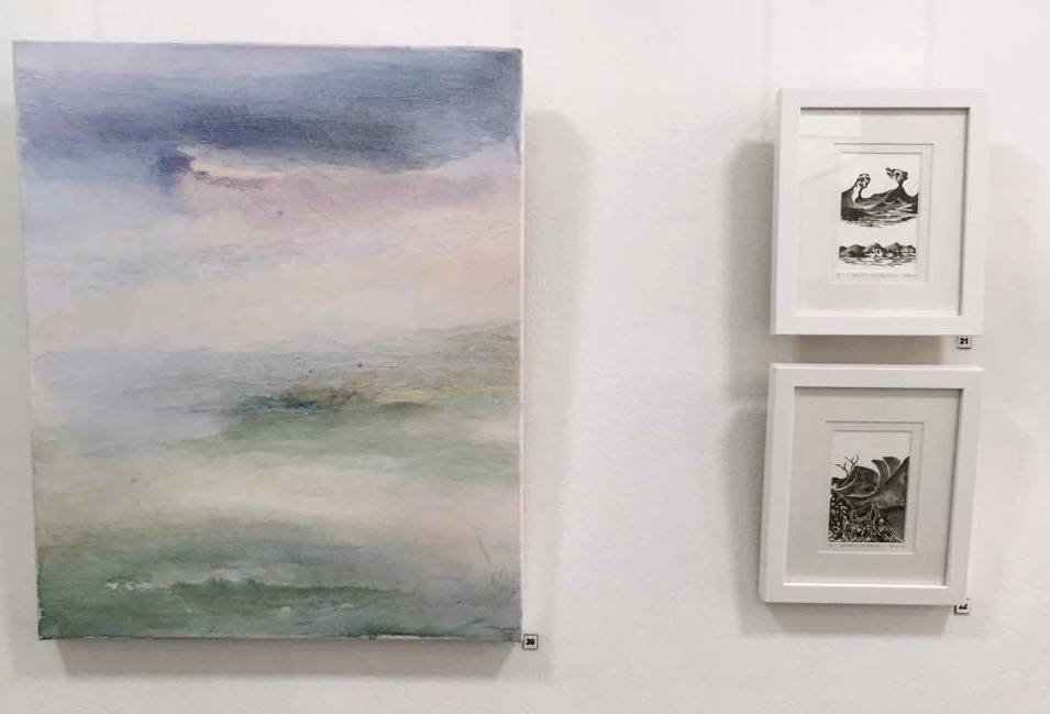 Judy Henry Misty Morning acrylic on canvas and Nature's Personality and Natures Geometry drypoint etchings framed