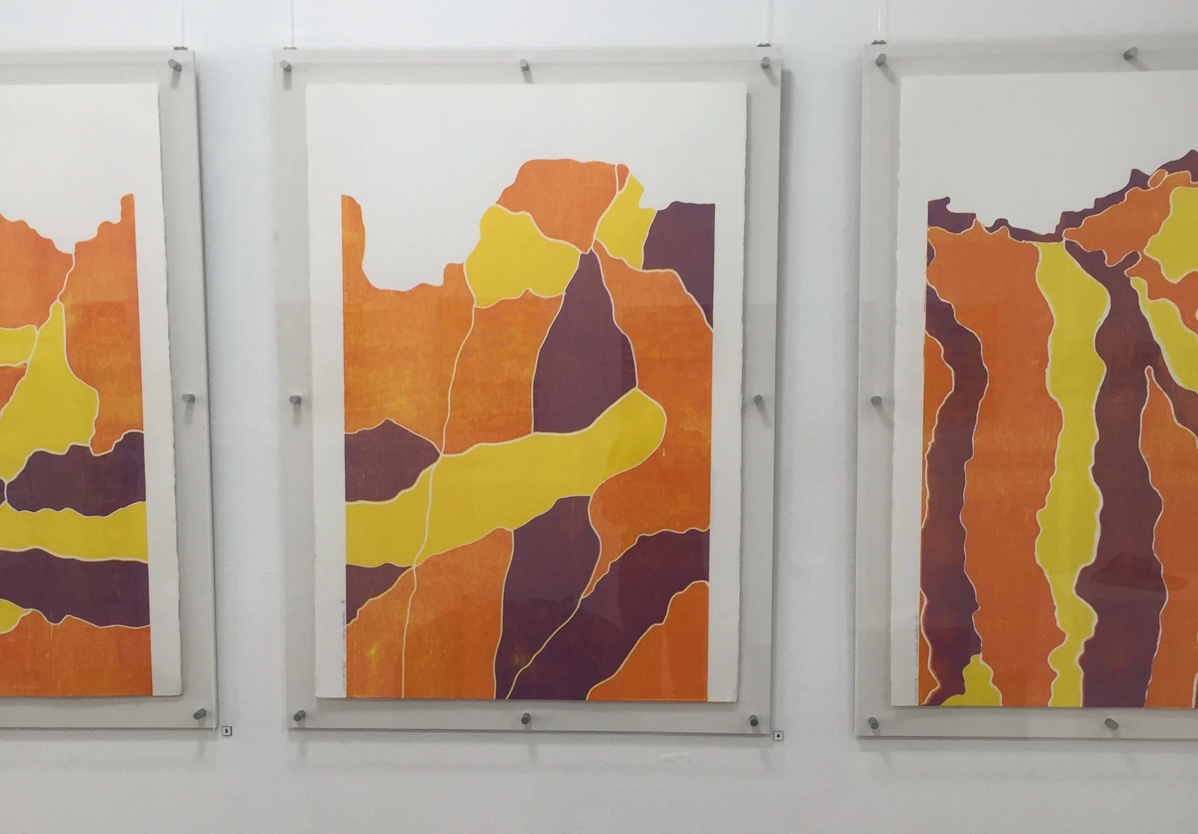 Sally Reynolds Yalpalpe Rockface Norther Territory I, II, III 3 colour woodcut reduction