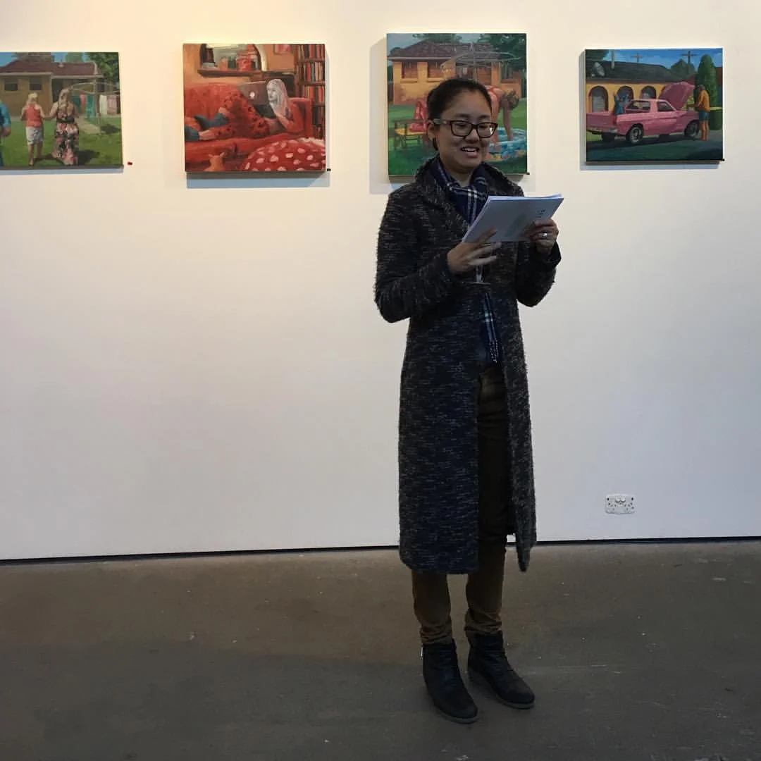 Gallery Director, Ahn giving the opening speech at The Depot Gallery, Sat 28 May