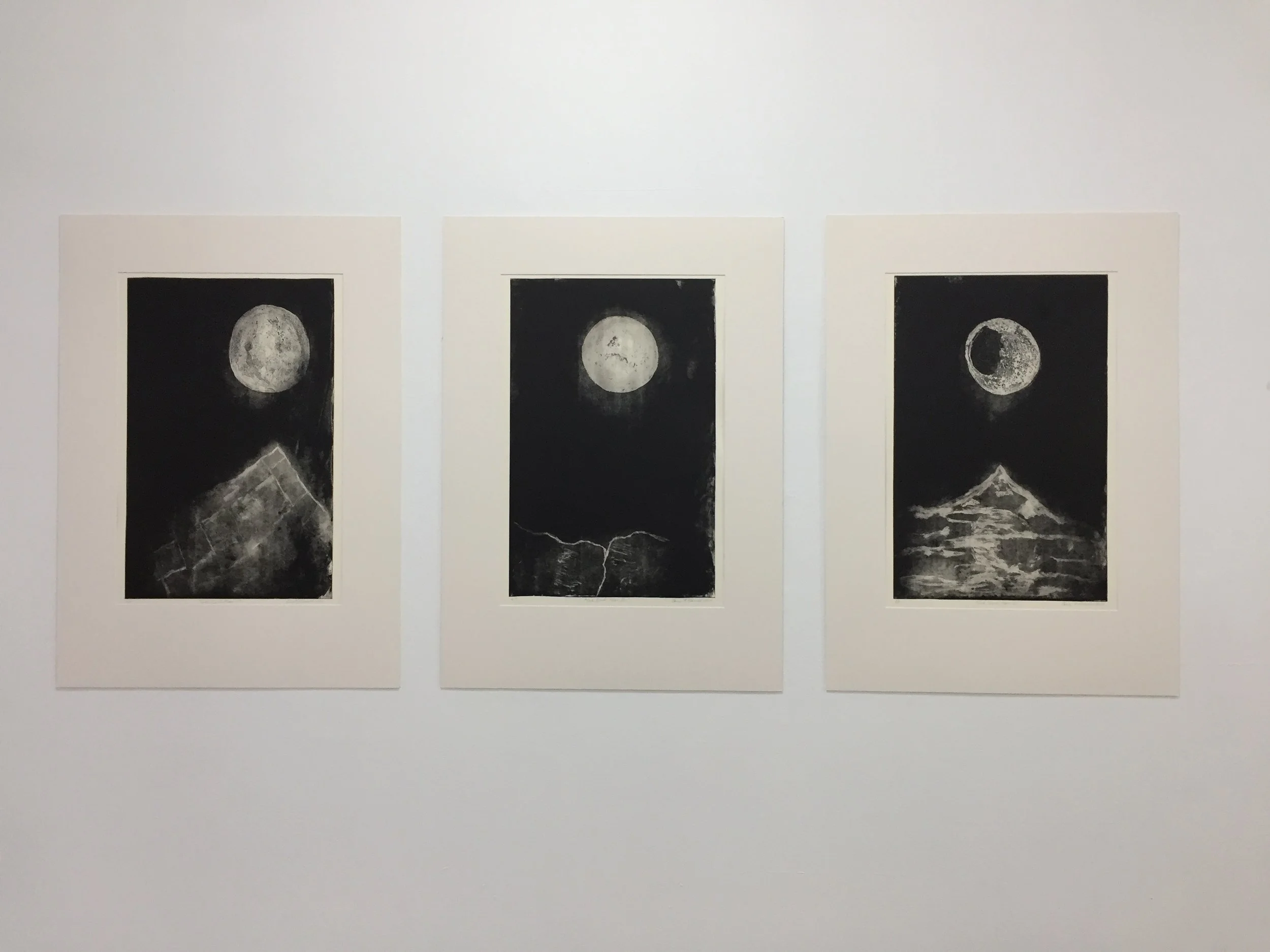 Install view Gina McDonald Moon I, II, II 2017 etching 60 x 40cm