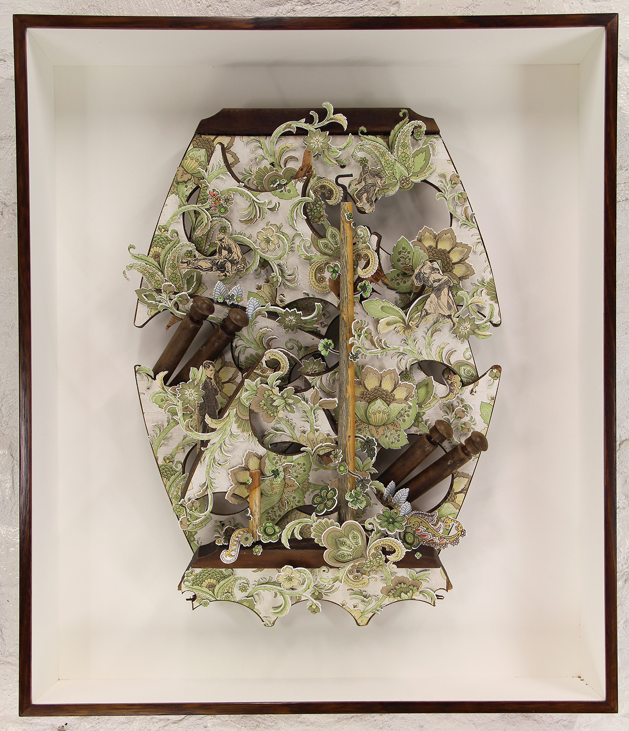 Dominic Kavanagh Flowers in the cellar 2015 Wall paper and vintage illustration cutouts, wire, discarded timber and plywood wire rack 74.5x64x15cm 