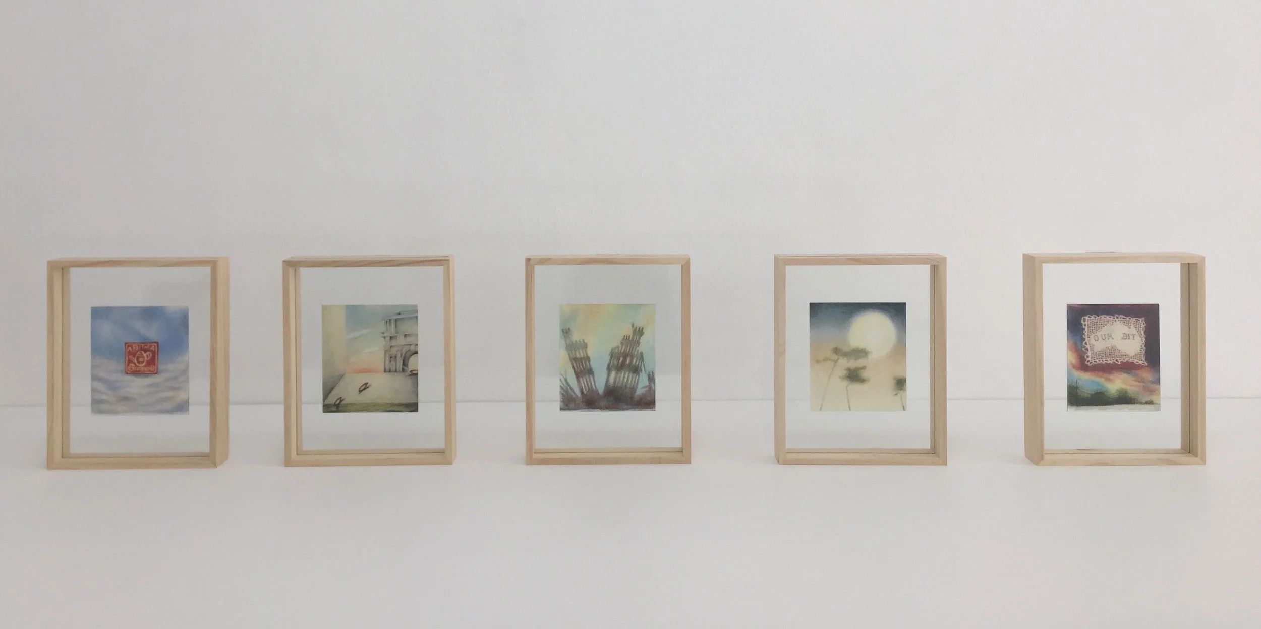 Susan Ryman No. 22, No. 35, No.442, No.36, No.24 23 x 18cm framed each hand varnished print on Canson Photographique 300gsm from original drawing by Susan Ryman These images are derived from non-fiction sources such as Time Magazine, various books on the history of embroidery, tapestry, samplers and tatting, and a plethora of illustrated art history texts which are accompanied by an all too often egotistical tale of events. The Flashcards are unnamed in the hope that they might spark a personal memory so that you, the viewer, might tell your own story.