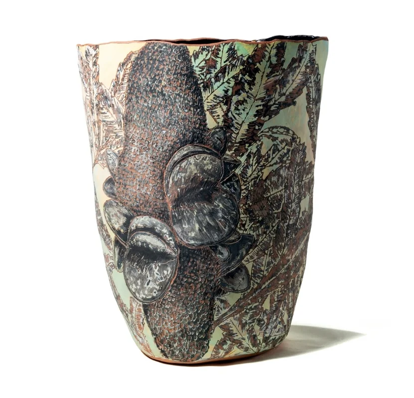 Kara Wood Leonard 2018 earthenware layer with slip, sgrafitto decoration 60 x 50 x 39cm $1750.00 photo by Stuart Marlin