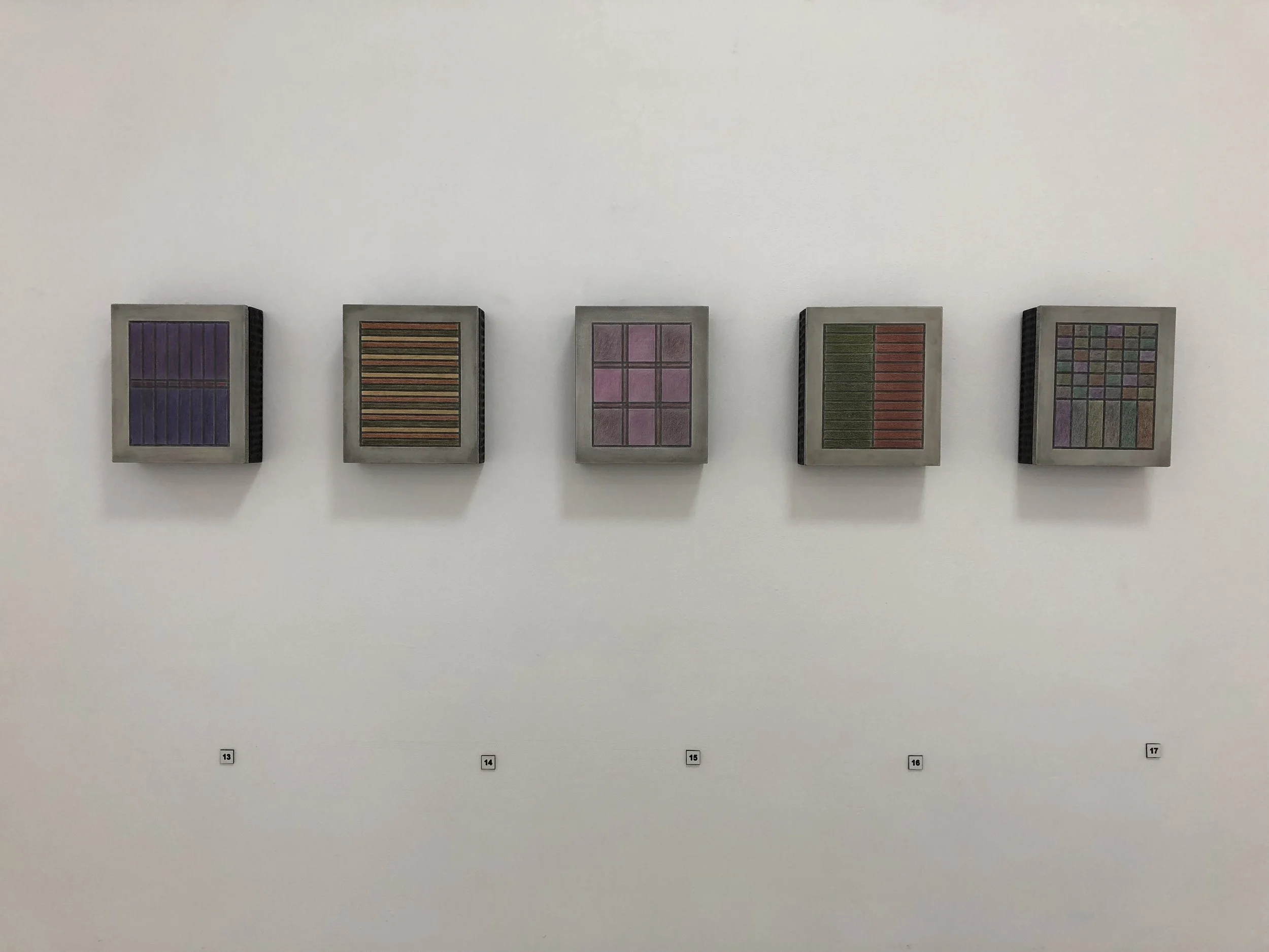 Ben Gallagher left to right Straight Gabble, Battens, Stained, Crop Rotation, Drystone (Church Work) 2018 coloured pencil, graphite, charcoal and lime on steel and hardwood 16.5 x 14 x 4.5cm $2200.00 each