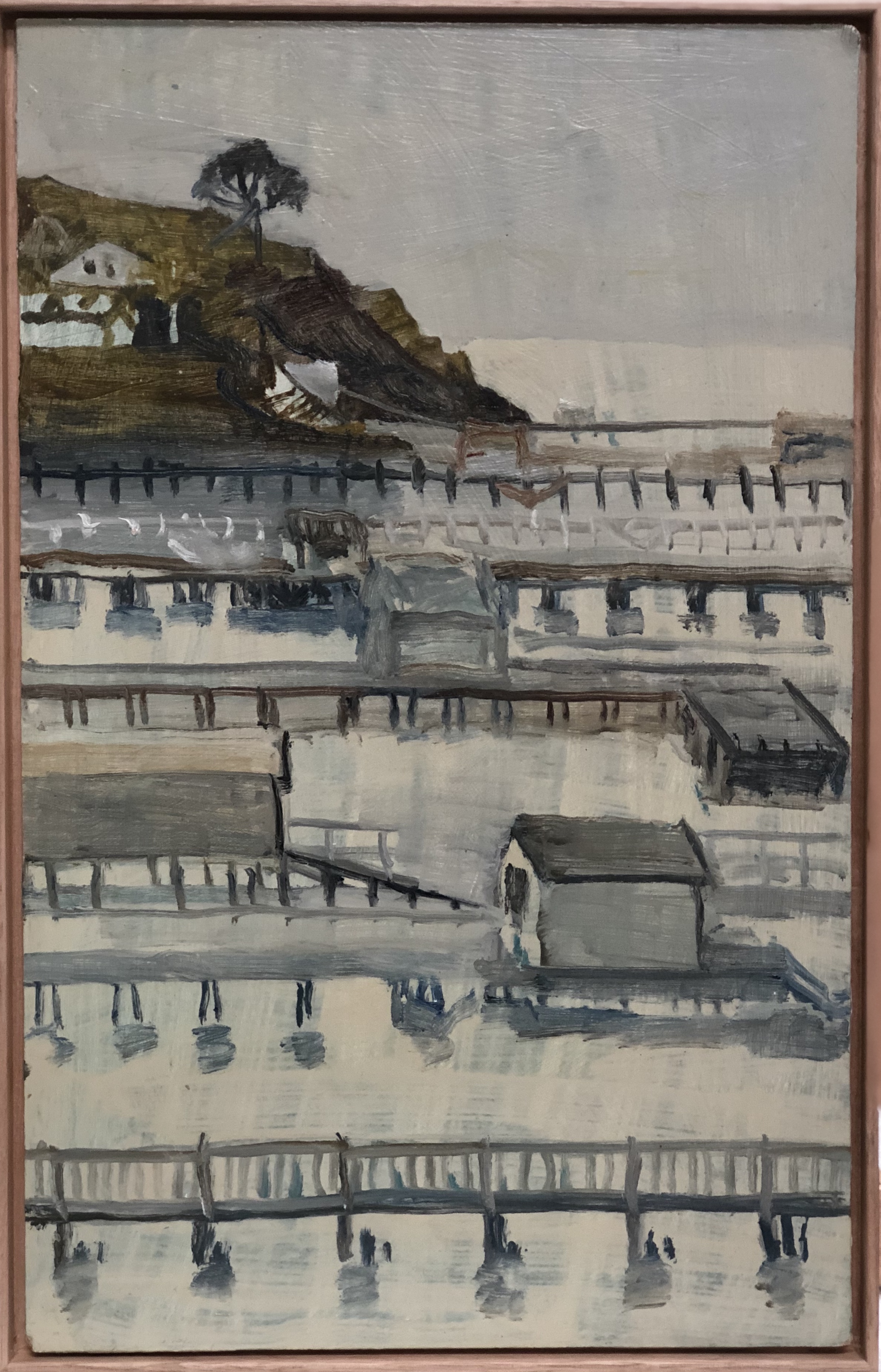 Paul Maher Point King and boatsheds 2017 oil on board 41.5 x 27cm framed