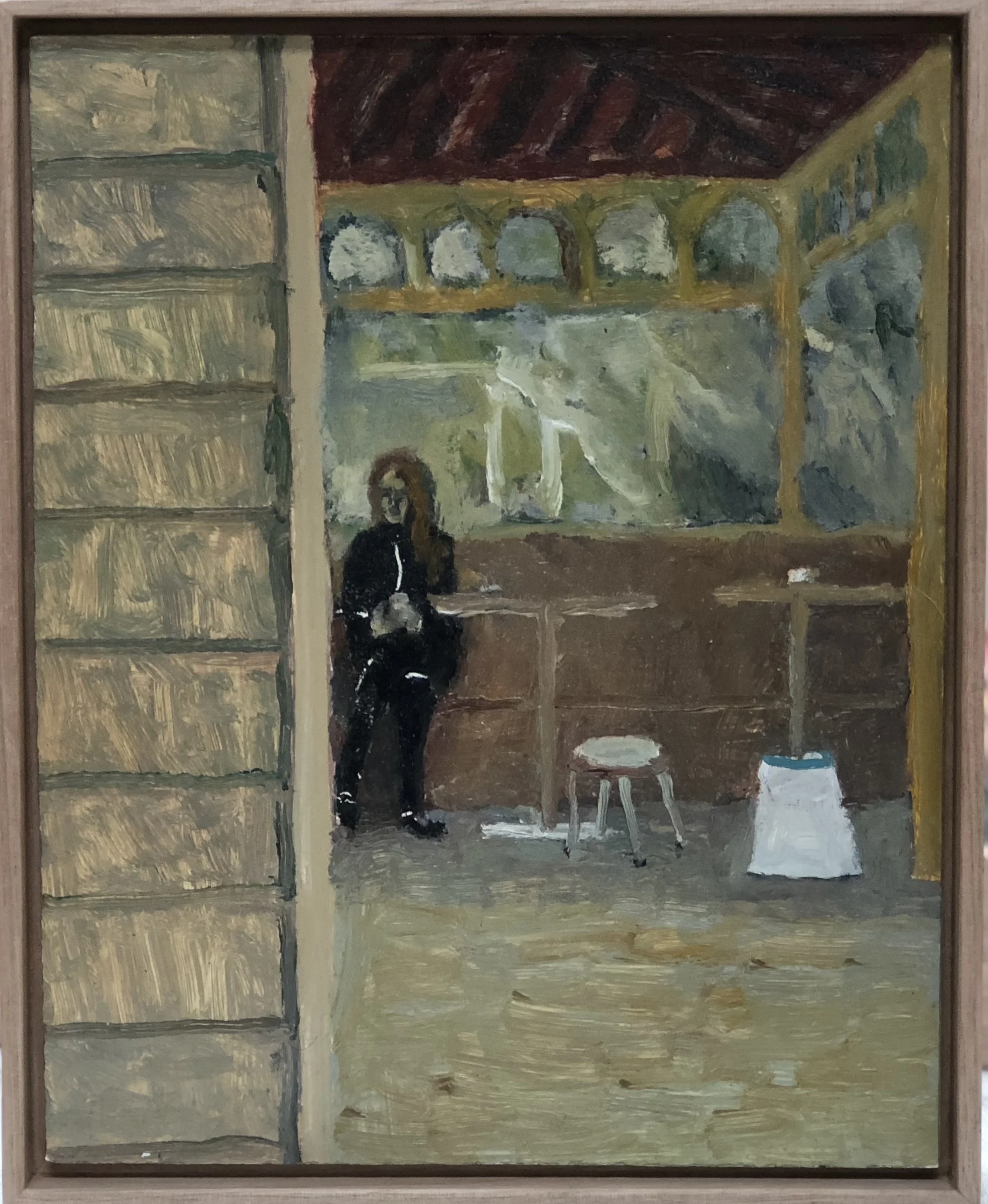 Paul Maher Corner shopgirl on coffee break 2017 oil on board 21.5 x 17.5cm framed