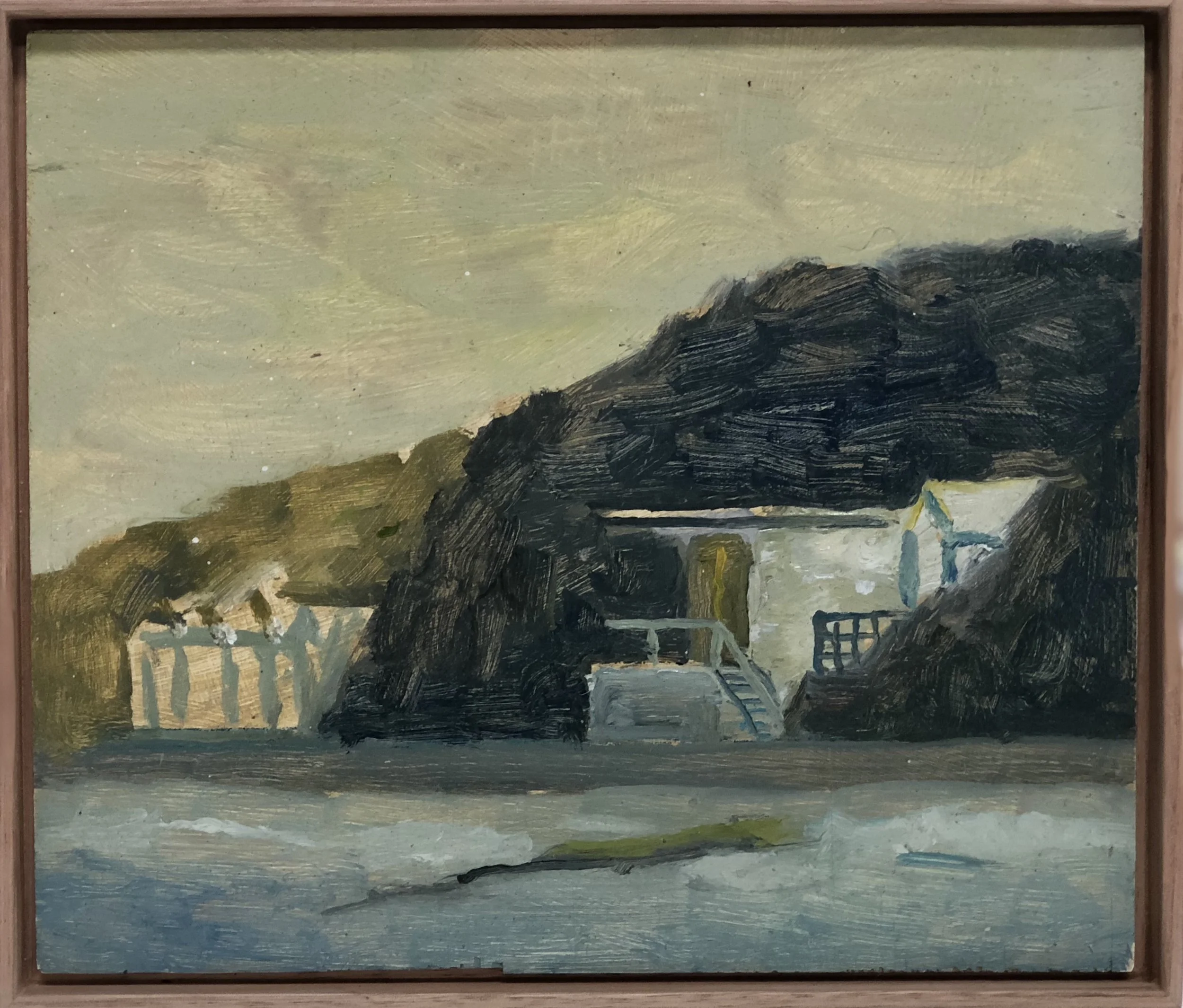 Paul Maher Portsea boatsheds oil on board 18.5 x 21.5cm framed SOLD