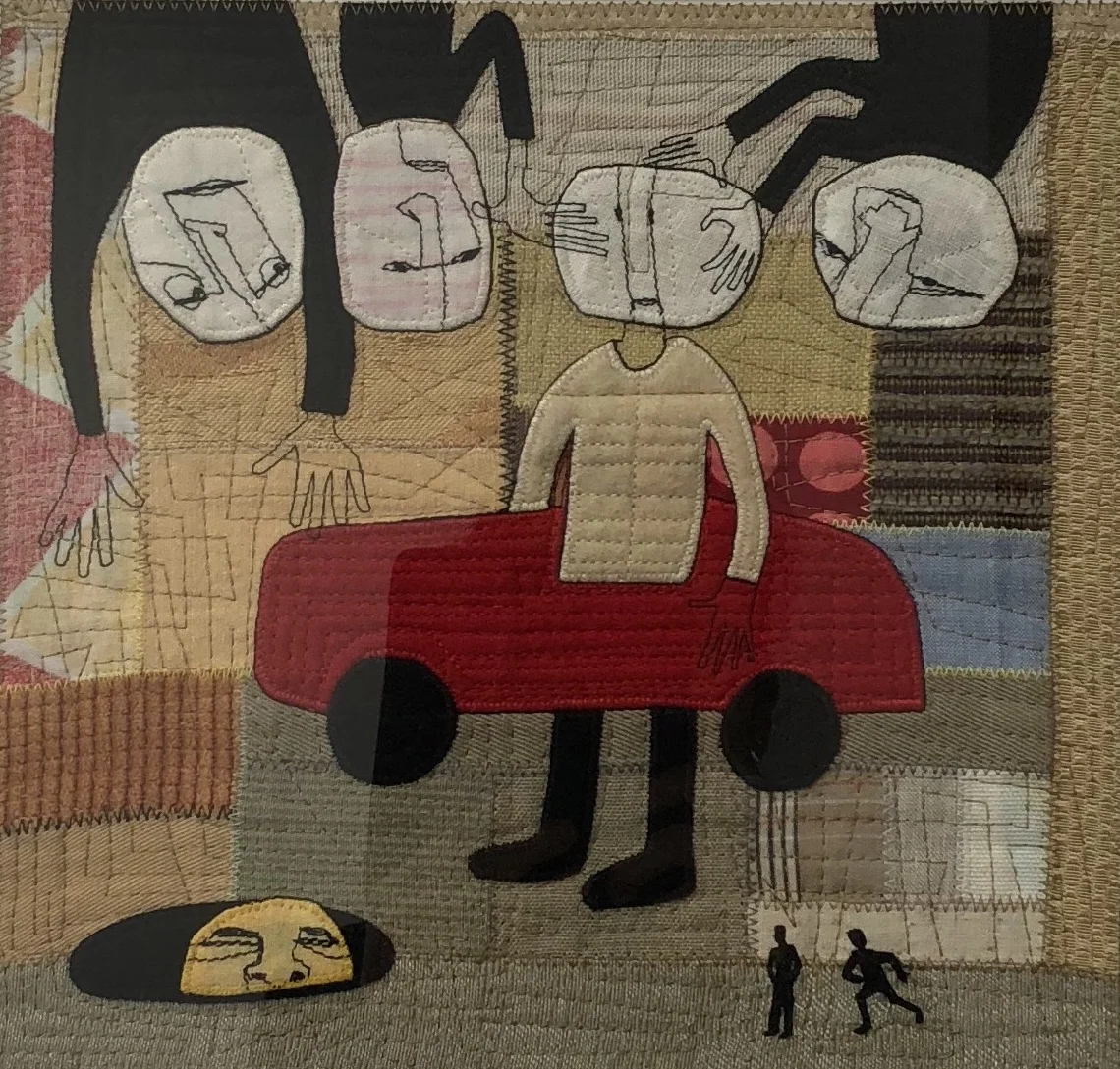 Olivia Parsonage The Distractors 2018 fabric on paper 40.5 x 40.5cm framed $450.00