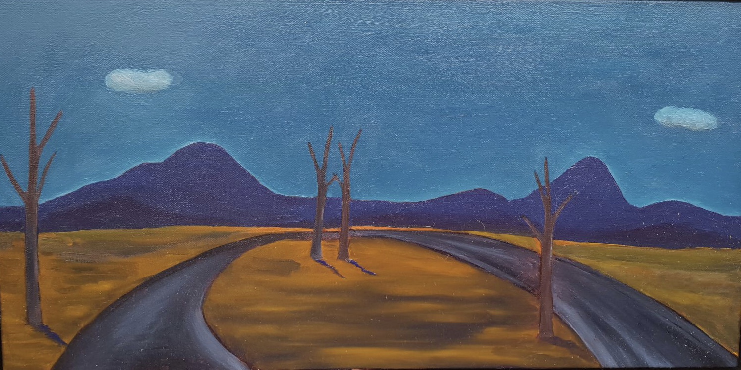 Malcolm Sands Beyond Bylong 2018 oil on canvas 30.5 x 60.9cm canvas size 33.8 x 64.2cm frame size $550.00