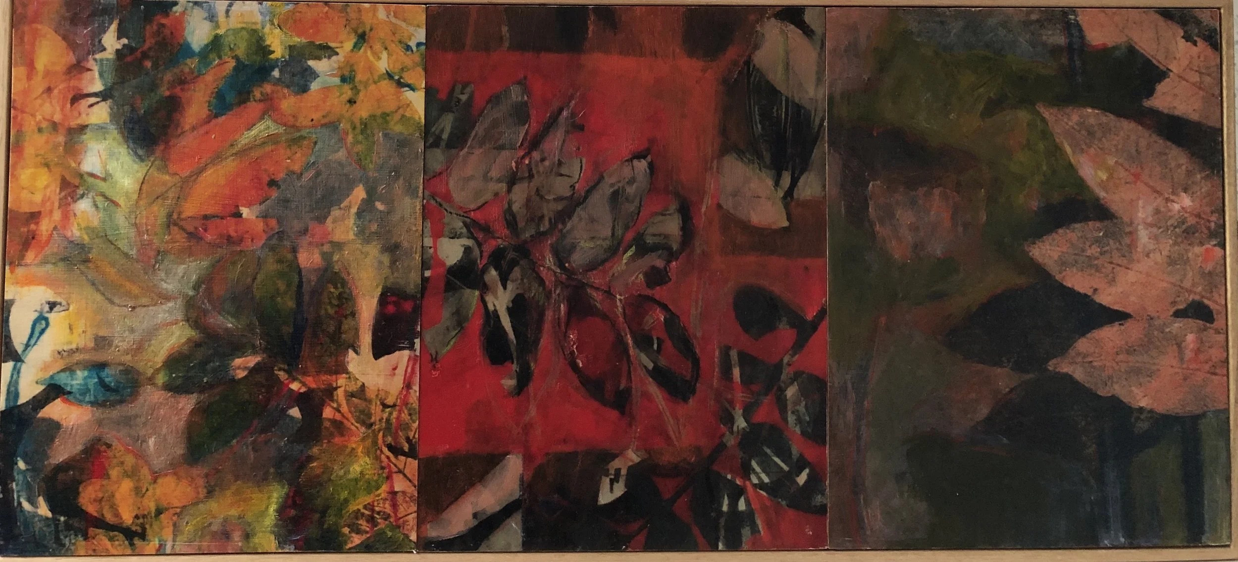 Helene Leane Autumn (leaves) 2019 mixed media on board 32 x 70cm frame $550.00