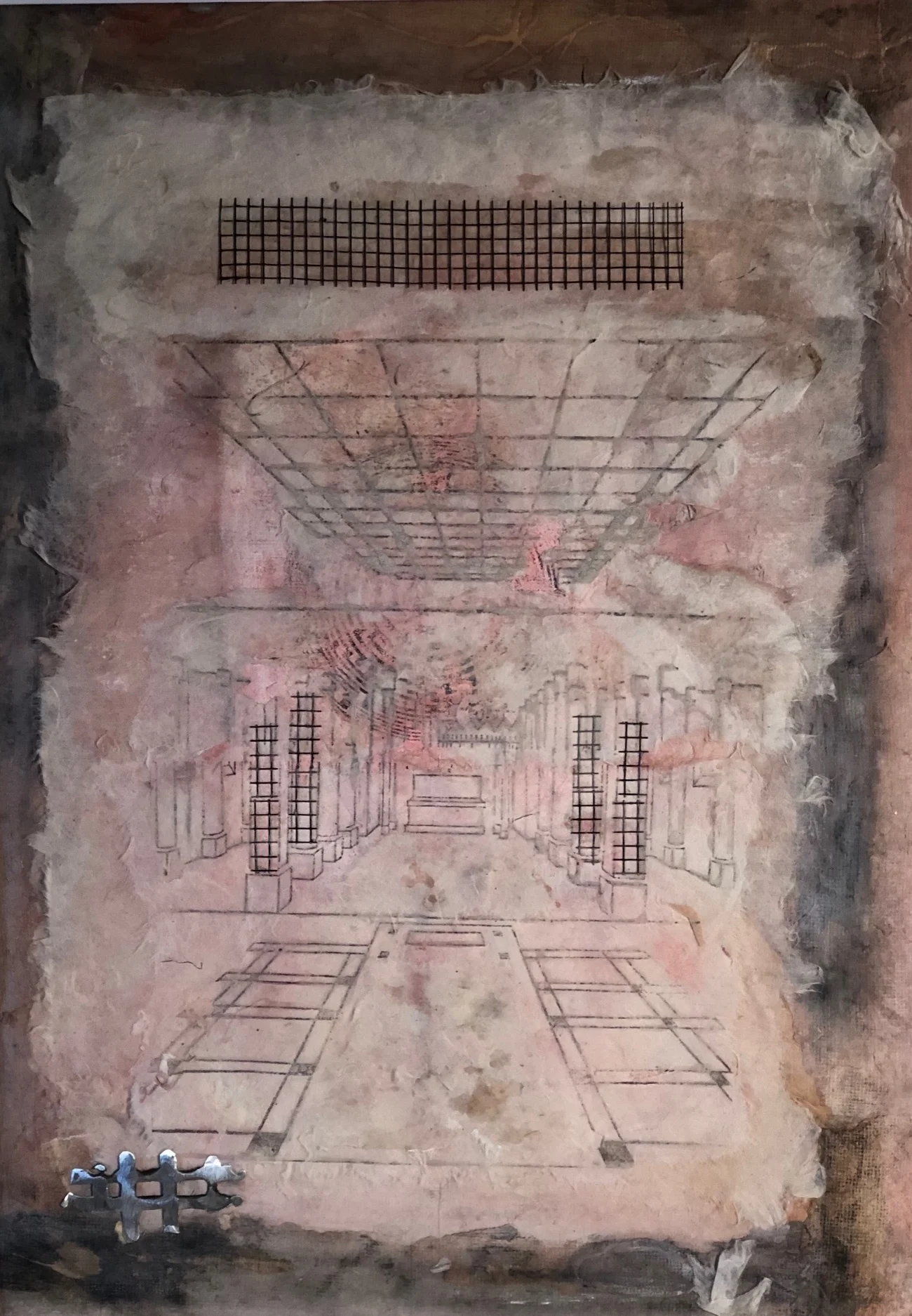 Margaret McBride Remants of History 1 2018 collage and cast pewter on mulberry paper 60 x 85cm frame size