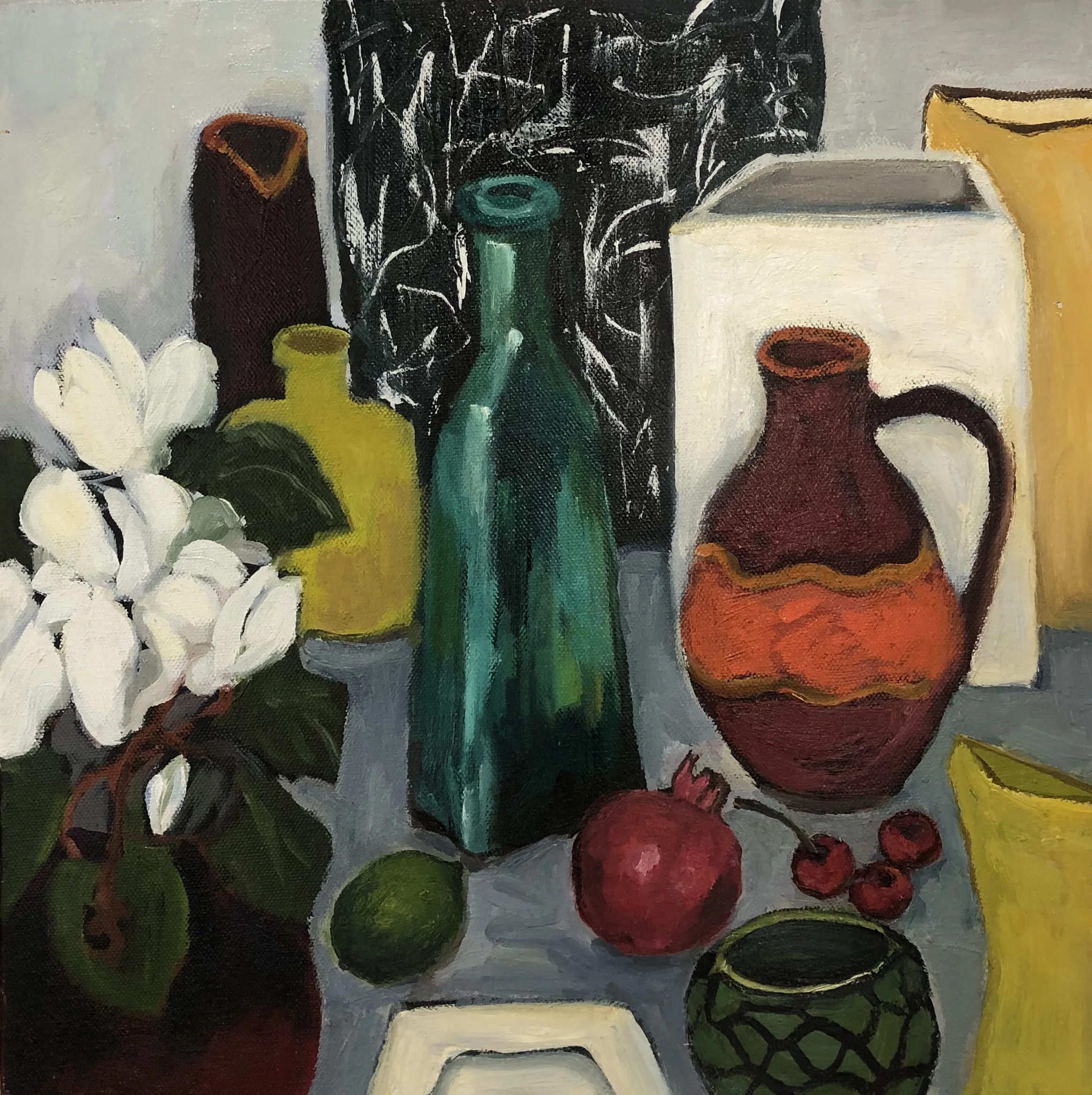 Lydia Miller, Still-Life with green bottle, 2018 oil on canvas, 40 x 40cm $450.00 AVAILABLE contact info@gallery139.com.au
