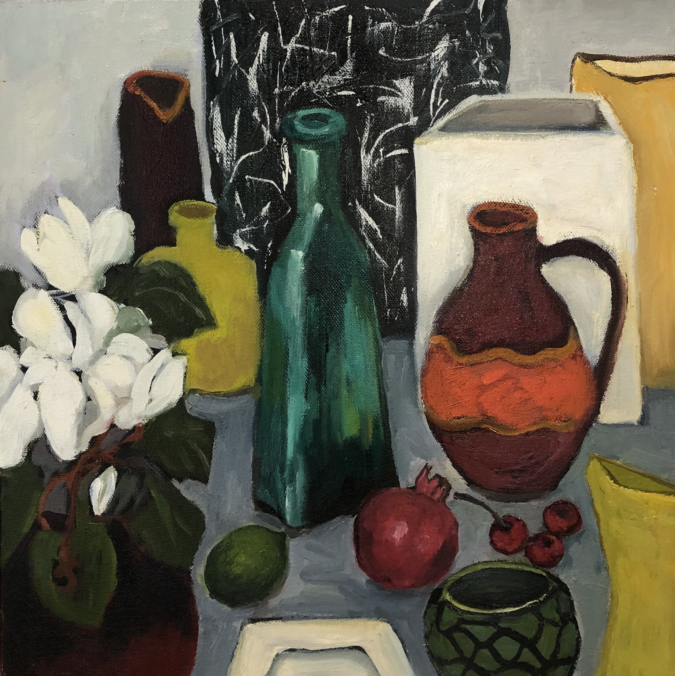Lydia Miller Still life with green bottle 2018 oil on canvas 40 x 40cm $450.00