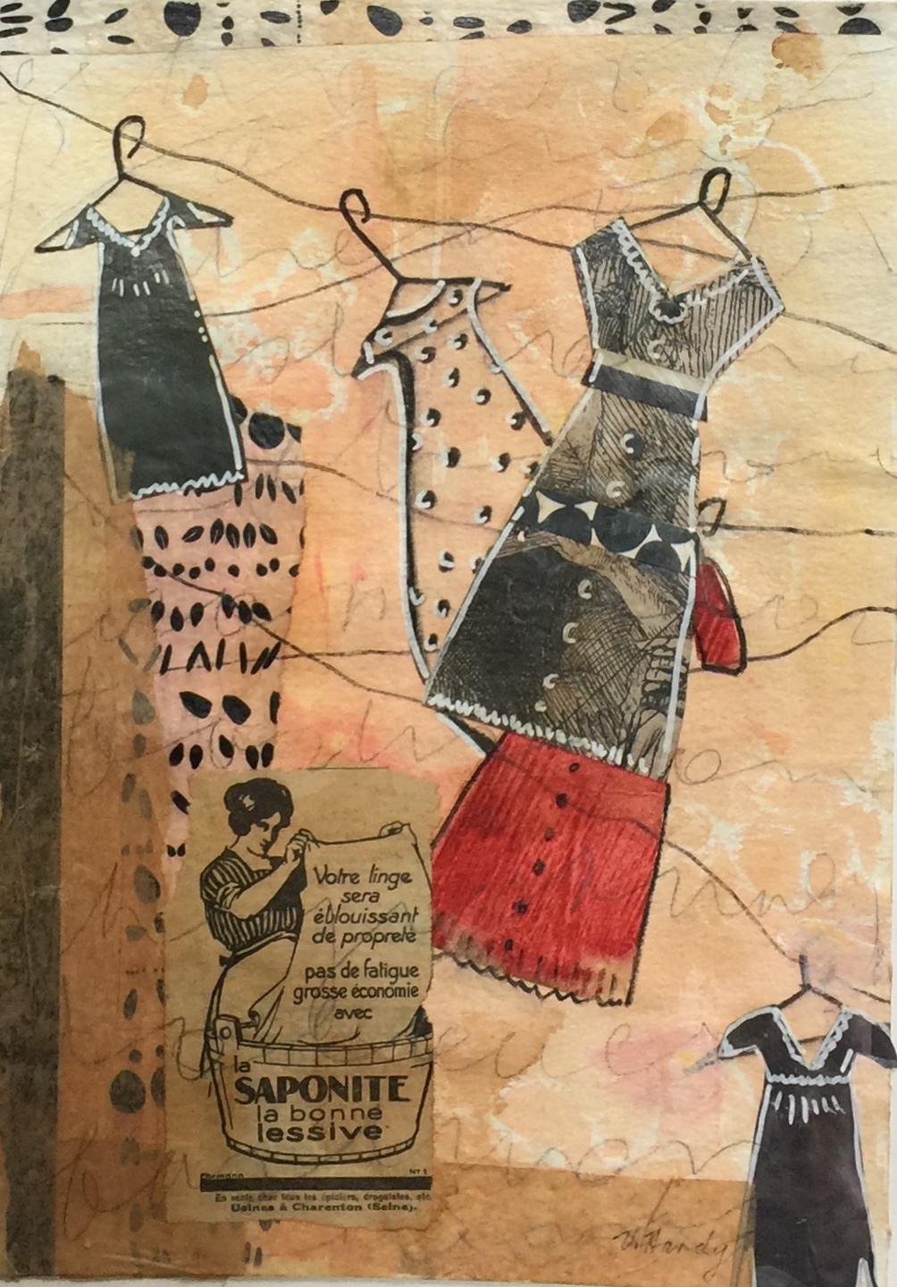 Varelle Hardy Washing day 2018 collage on paper 28 x 35cm frame