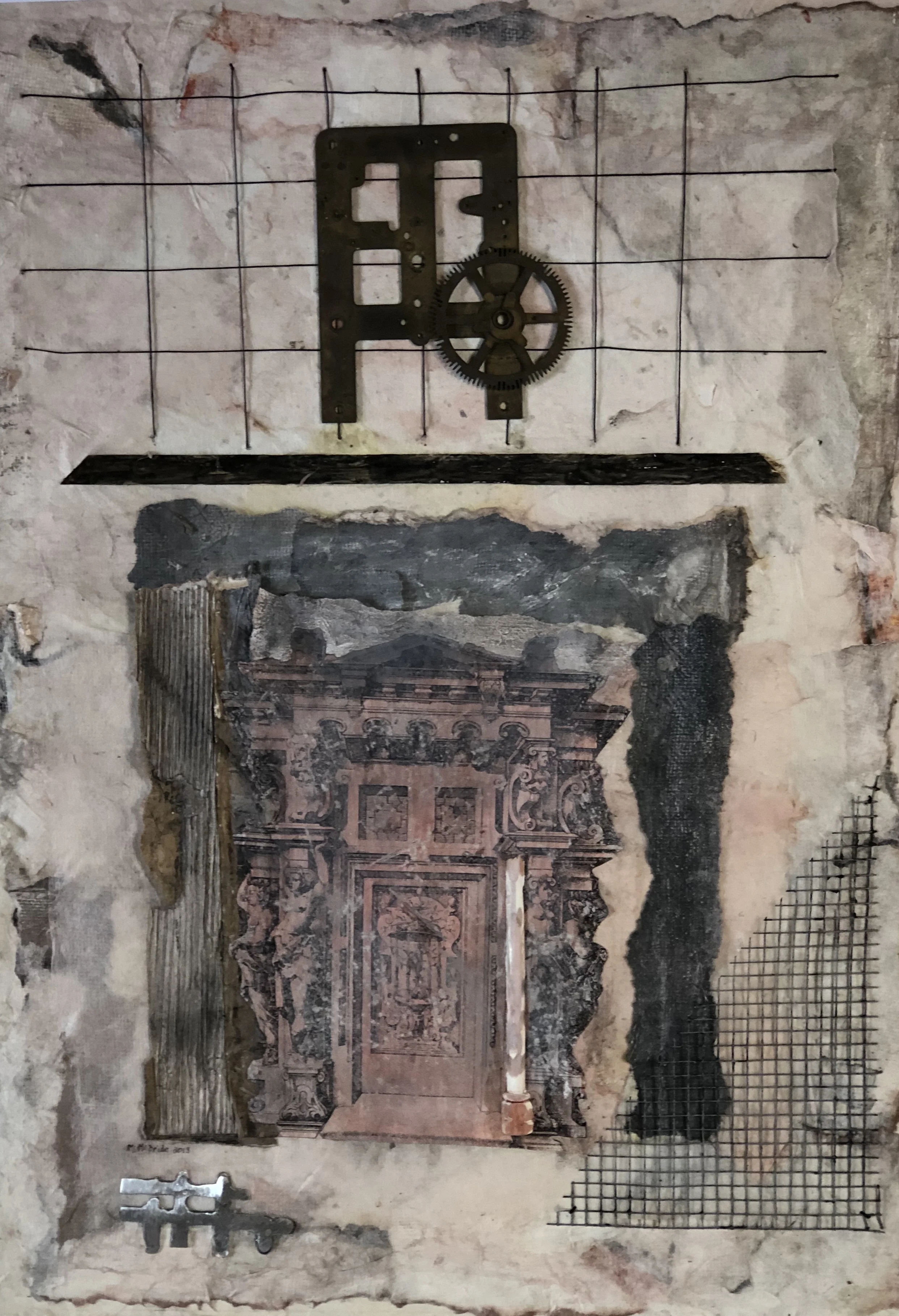 Margaret McBride Remants of History 4 2018 collage and cast pewter on mulberry paper 60 x 85cm frame size $300.00