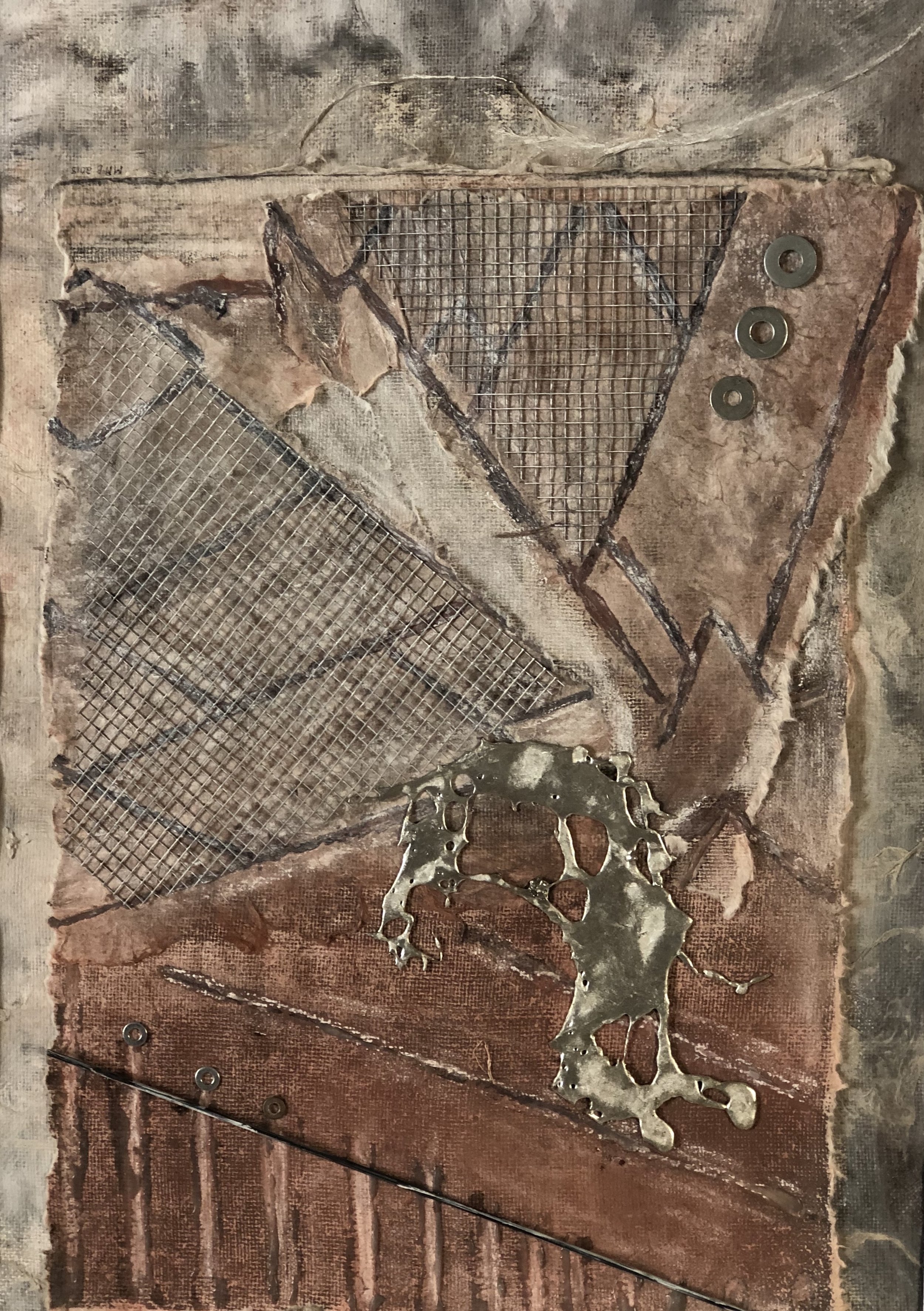 Margaret McBride Remants of History 5 2018 collage and cast pewter on mulberry paper 60 x 85cm frame size $300.00