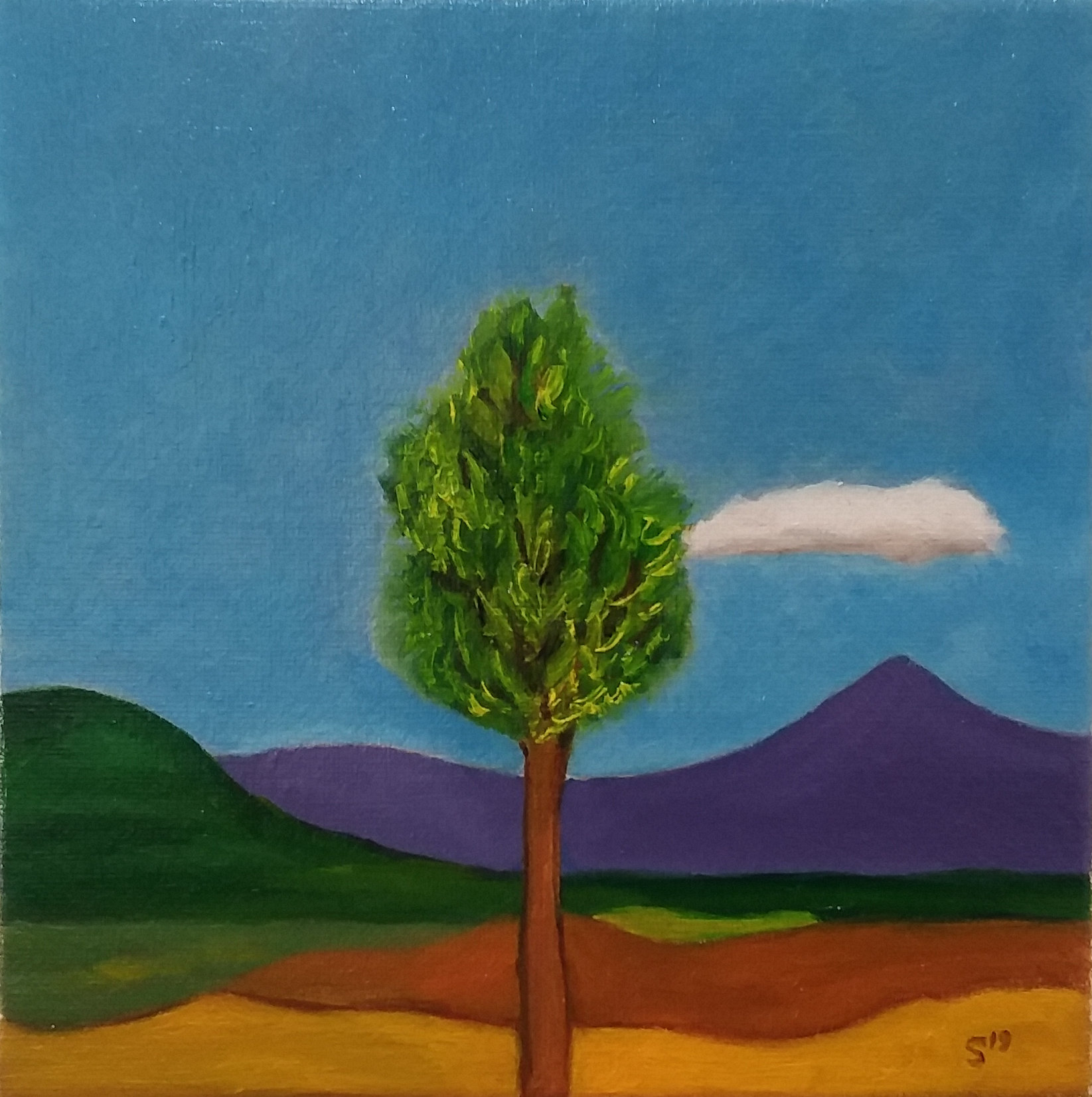 Malcolm Sands Bylong Valley View 2019 oil on canvas 23 x 23cm framed $250.00