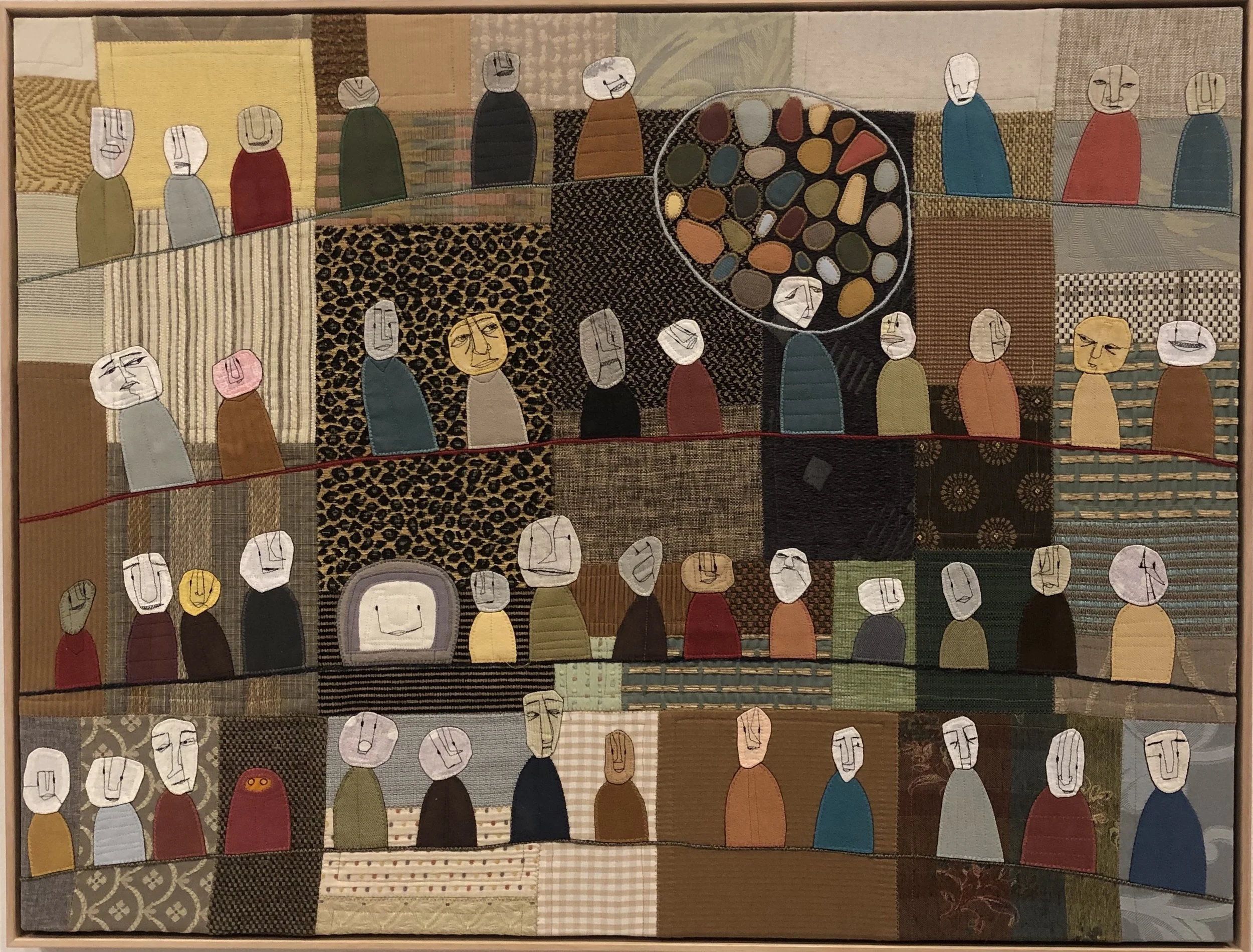 Olivia Parsonage Let Cluttered Heads Prevail 2019 fabric illustration (machine embrodiery and applique) 74 x 97cm framed $2200.00 AVAILABLE