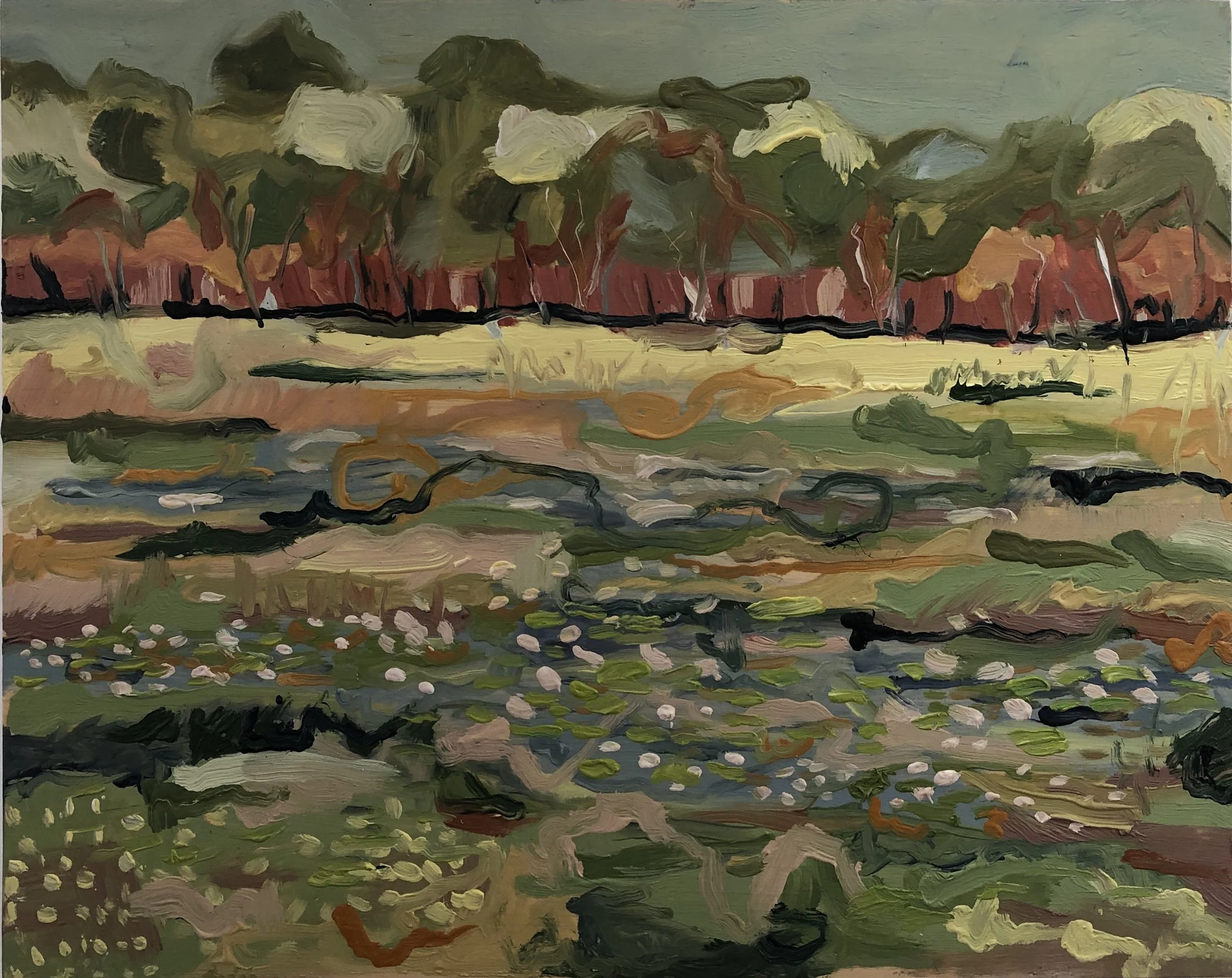 Michelle Teear Twin Billabong in flower 2019 (En plein study at Twin billabong, near Darwin, NT) Oil on plywood, egg emulsion 400 x 500mm $400.00 unframed $520.00 framed