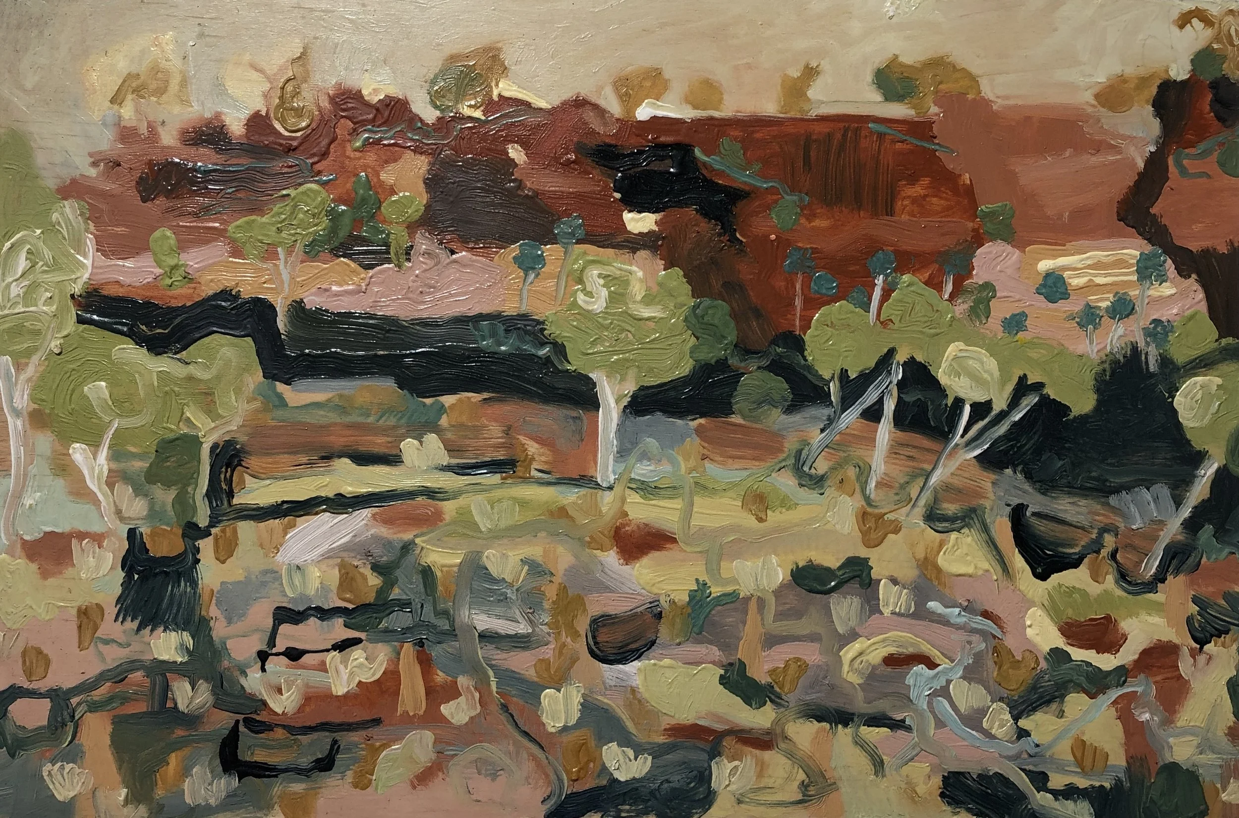 Michelle Teear Jasper Heights 2019 (En plein study in Jasper Gorge, Gregory NP, NT) Oil on plywood, egg emulsion 400 x 600mm $450.00 unframed $580.00 framed