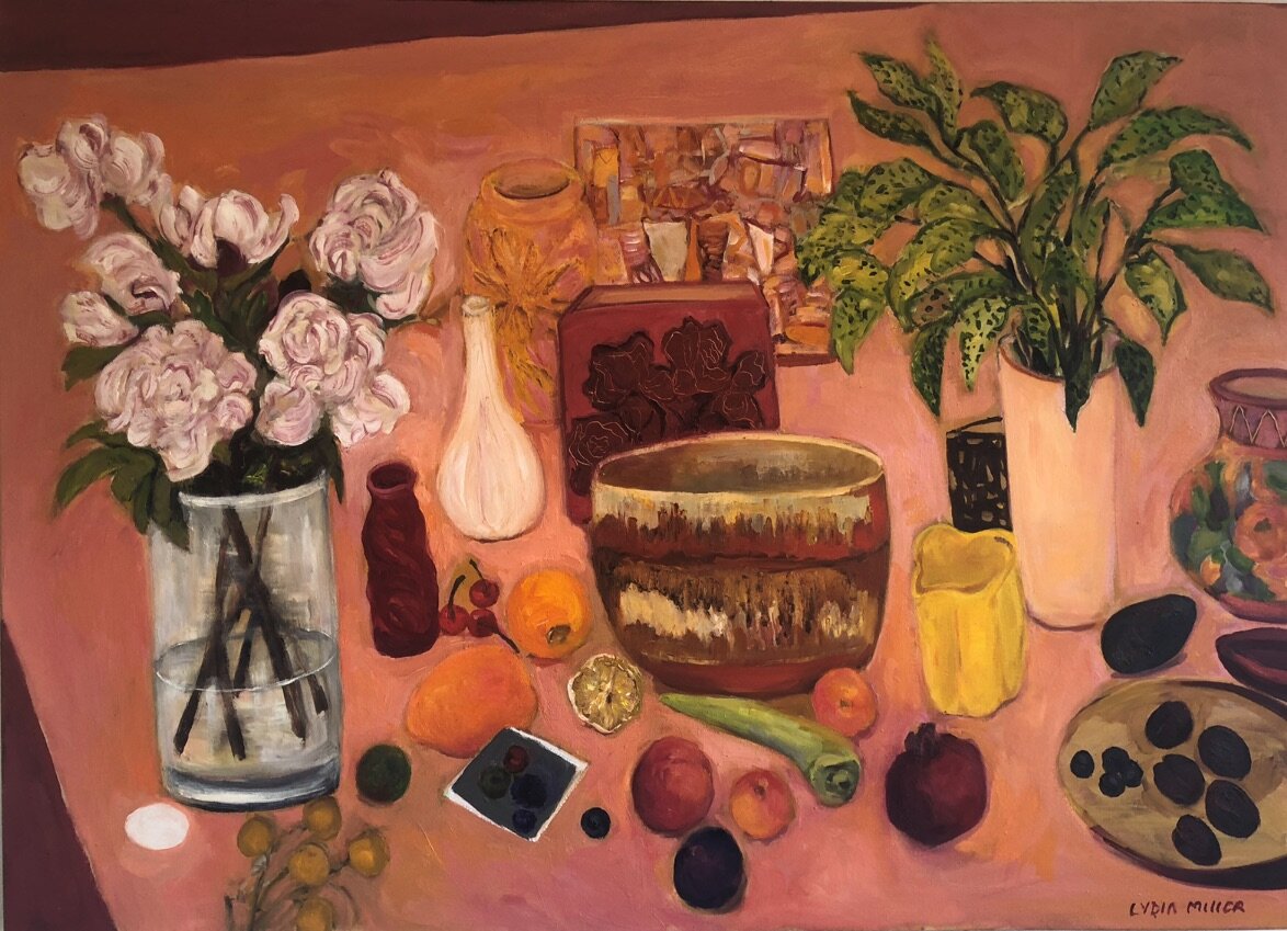 Lydia Miller 'Still Life with green plant and pink flowers' 2020 oil on canvas 76 x 107cm $2500.00