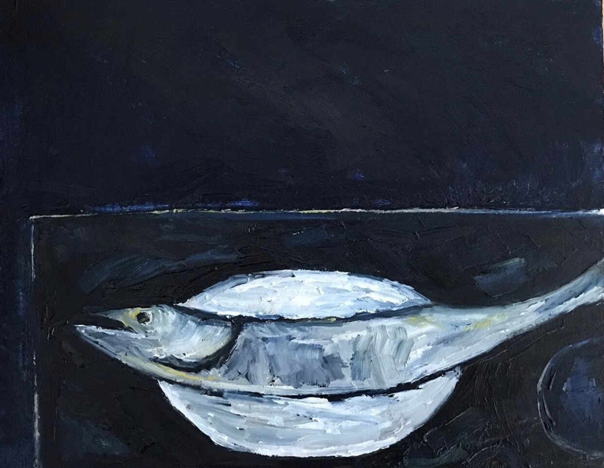Linda Greedy 'Holy Mackerel (homage to William Scott’s Mackerel on a plate)' 2020 oil on timber 20 x 25cm $300.00