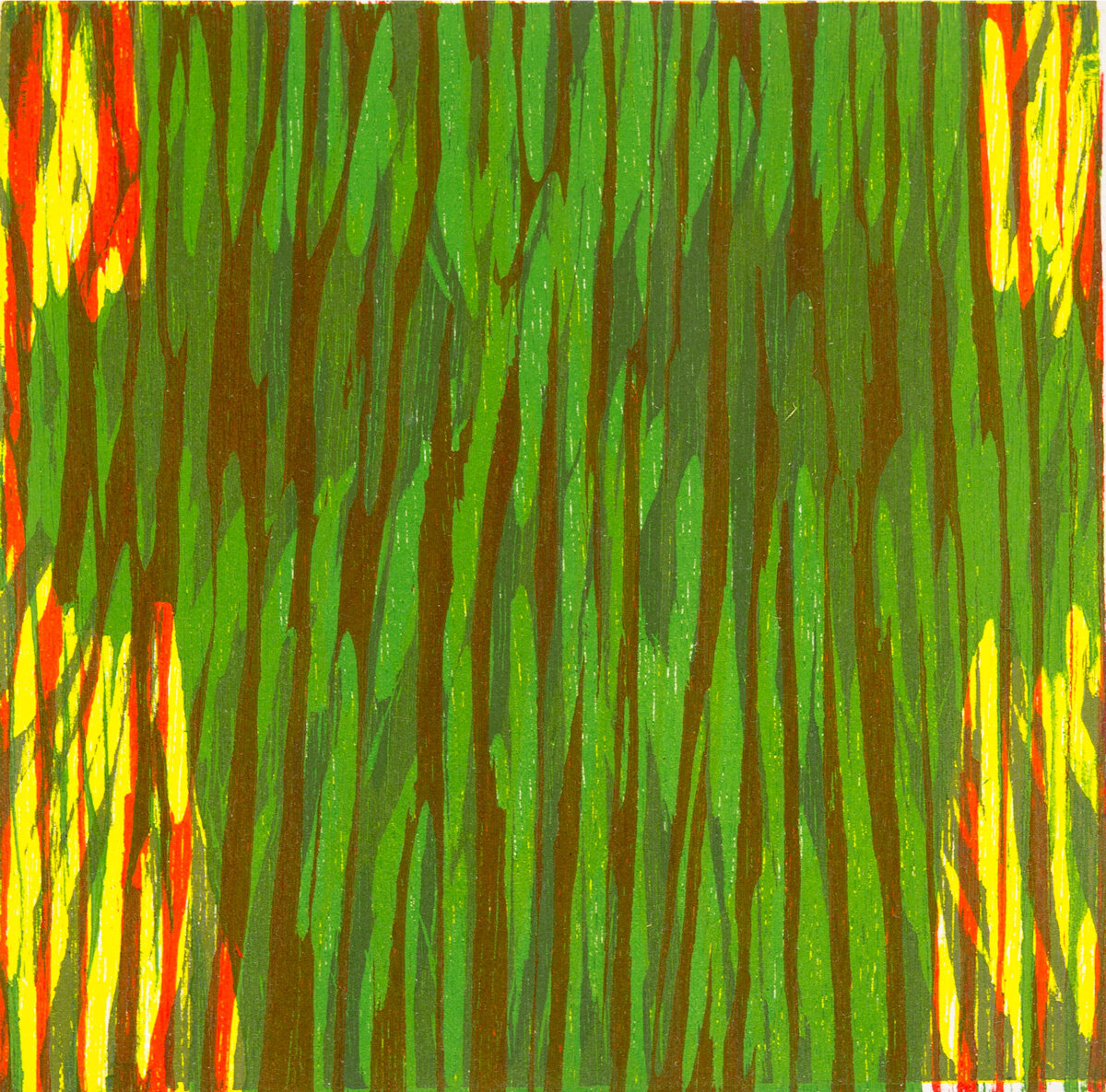  Matthew Tome  Woodsman  2019 multicolour woodblock on paper Artwork 20cmx20cm Paper 40cmx35cm 