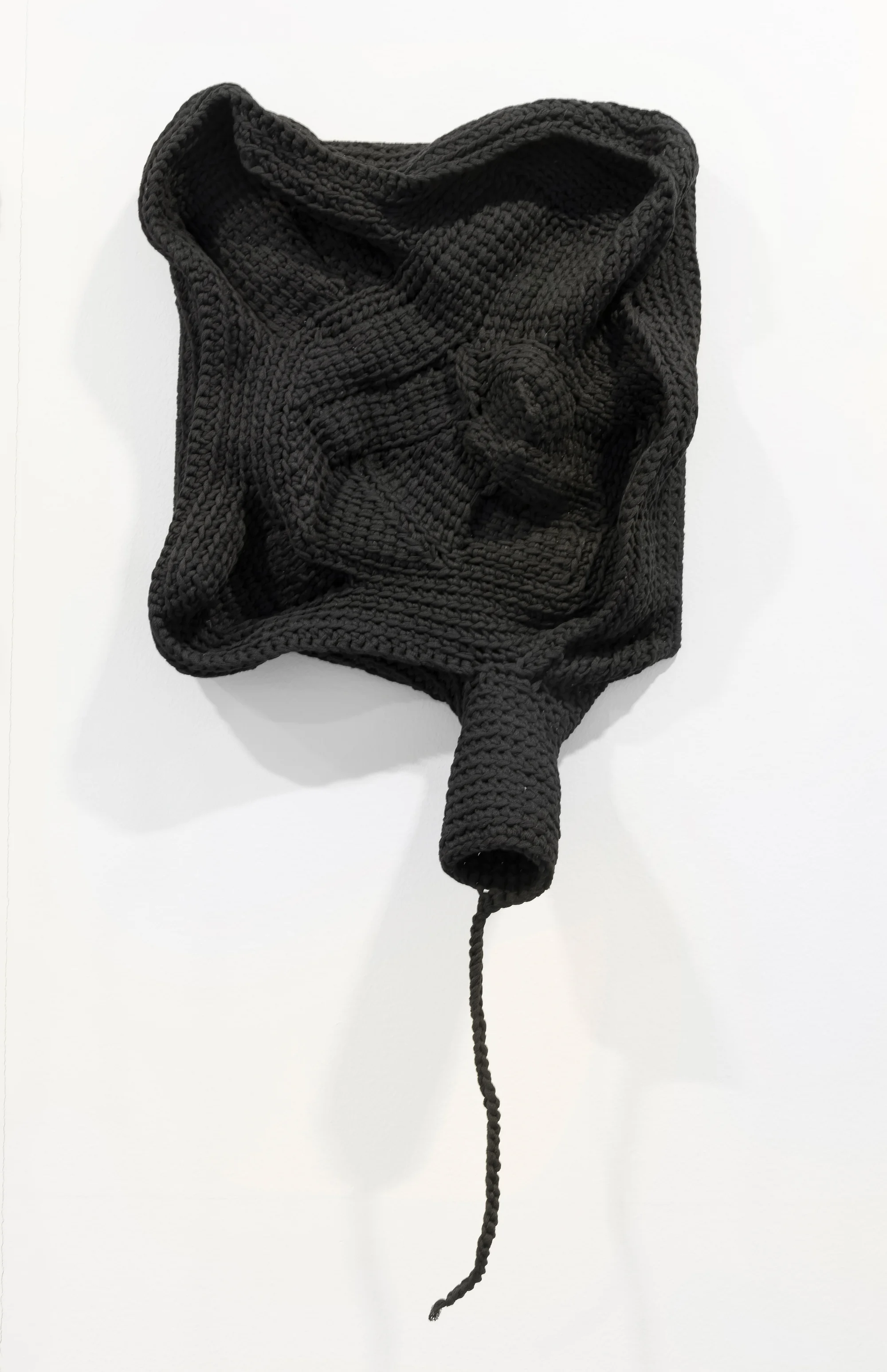 Leif Homstrand, fra serien Breeder Covers Clastoderma debaryanum: black, crocheted wall objects with individual slime mold-inspired subtitles. Foto: Øystein Thorvaldsen