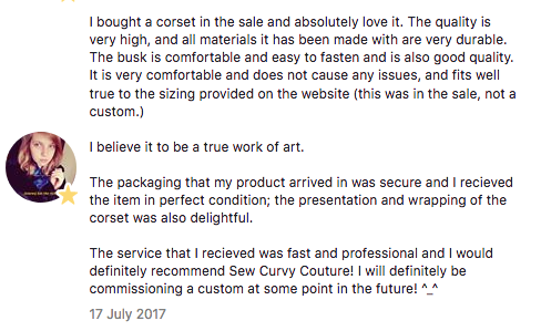 testimonial from happy customer who purchased the grey corset above, from the last sample sale in 2016