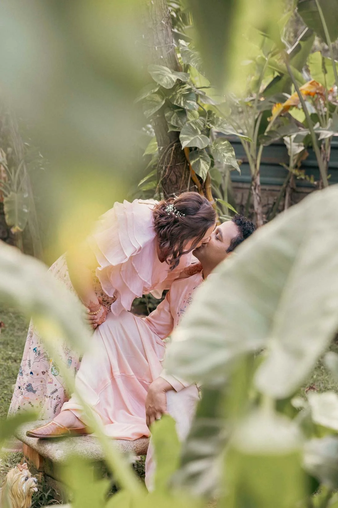 Intimate photo of a couple in a lush green background and they hold each other