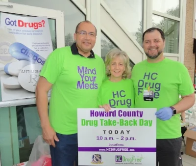 HC DrugFree's board of directors and staff are proud to serve the Howard County community and thank you for supporting another successful medication and sharps collection. Pictured left to right: HC DrugFree's Board Emeritus and Circuit Court Judge William V. Tucker, Executive Director Joan Webb Scornaienchi, and HC DrugFree's Past Board Chair and Director of Psychiatry at Howard County General Hospital Dr. Andy Angelino