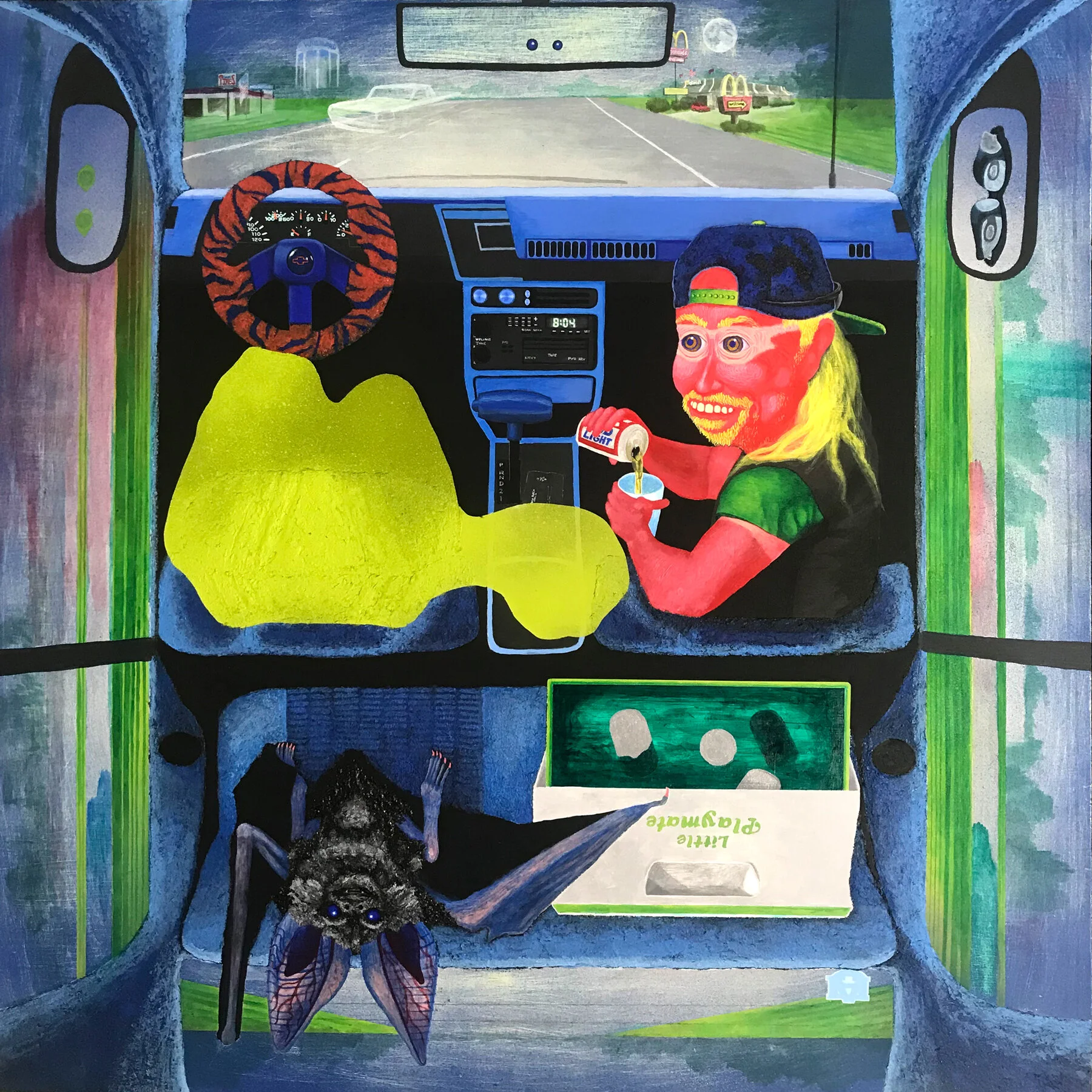 “Trouble in Dothan” 2019, acrylic, spray paint, and black mica flakes on wood panel, 42 x 42 in