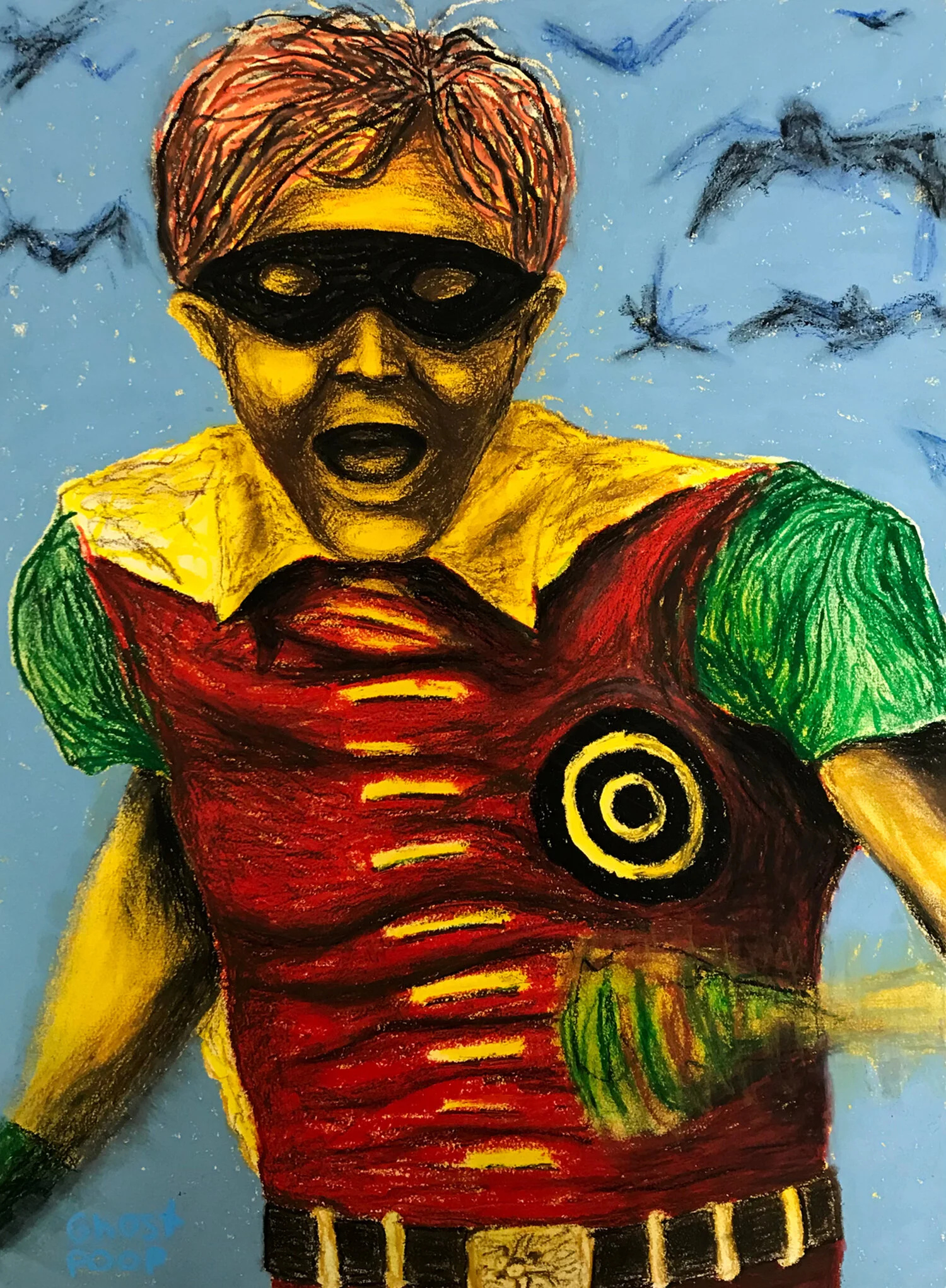 “Flyboy &amp; His Cave Friends” (Diptych) 2019, oil pastel and spray paint on paper, 22.5 x 30 in