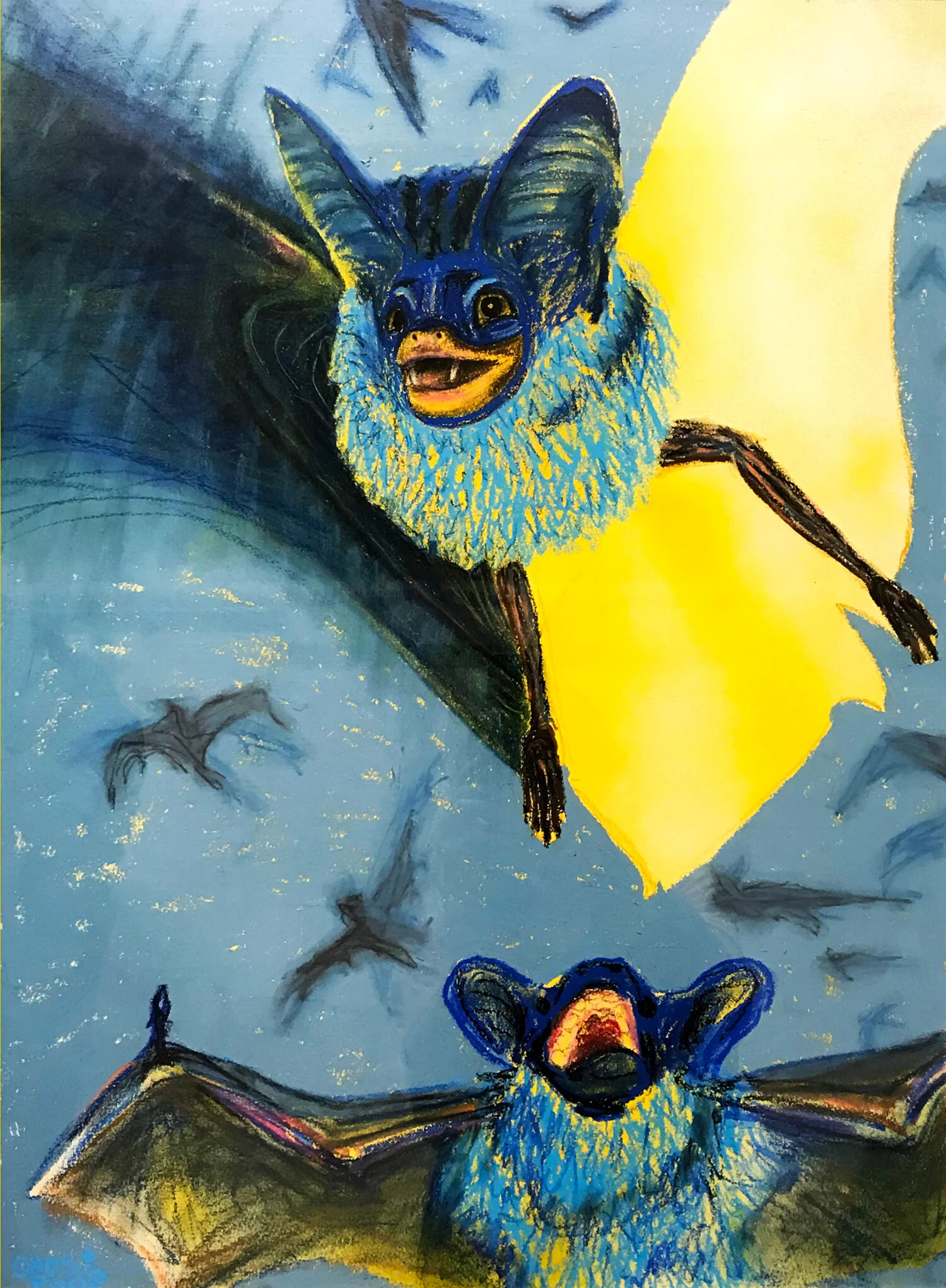 “Flyboy &amp; His Cave Friends” (Diptych) 2019, oil pastel and spray paint on paper, 22.5 x 30 in