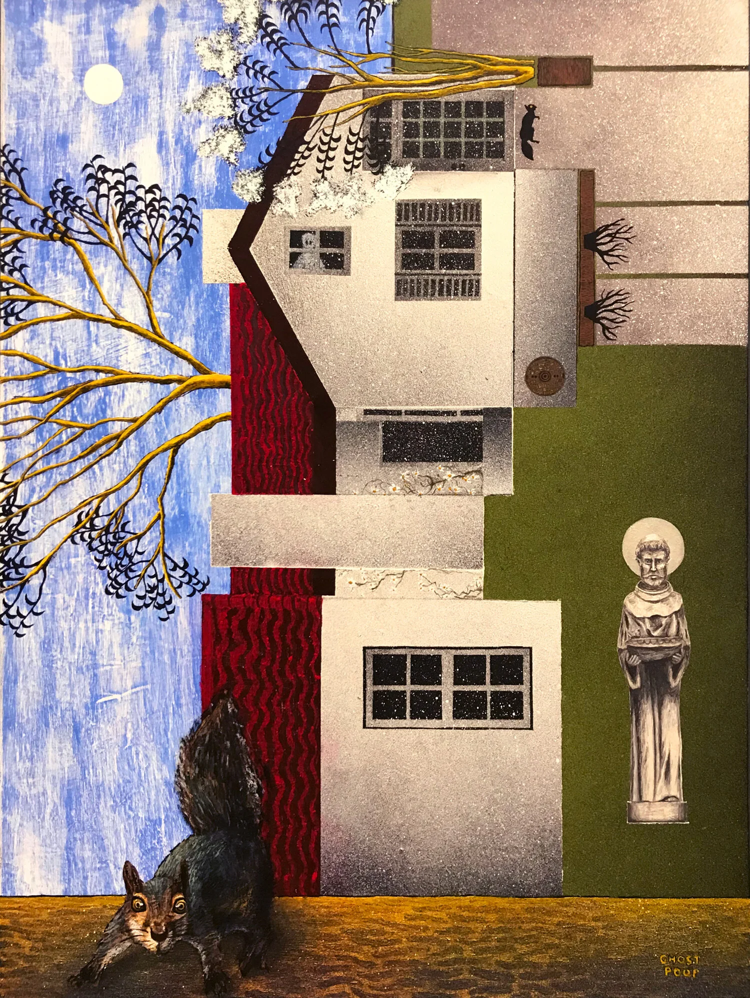 “An Offering at The Farm” 2019, acrylic, spray paint, and oil pastel on gesso board, 16 x 20 in