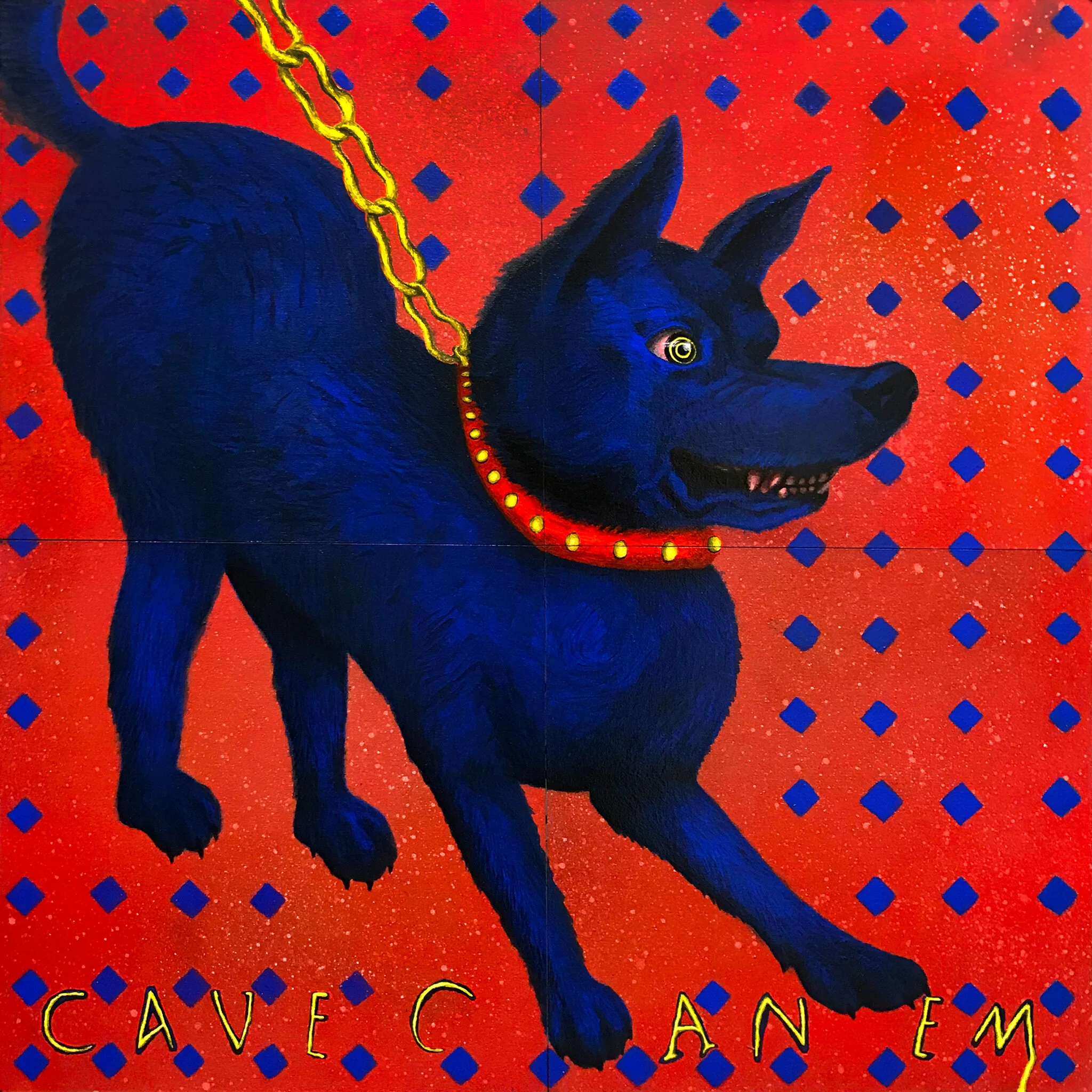 “Tragic Guard Dog” 2019, acrylic and spray paint on canvas panels, 24 x 24 in