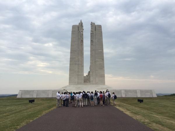 The Newfoundland contingent dwarfed by the monument at Vimy
