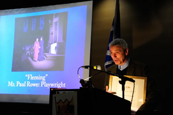 Mr. Paul Rowe, playwright of "Fleming", accepts the Manning Award on behalf of the Basilica Heritage Foundation.