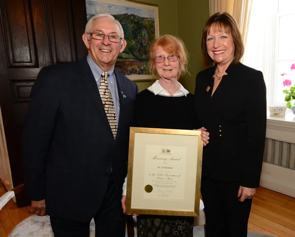 Dr. Jo Shawyer, the Outstanding Heritage Supporter for 2016, is pictured with Their Honours at the Government House reception.