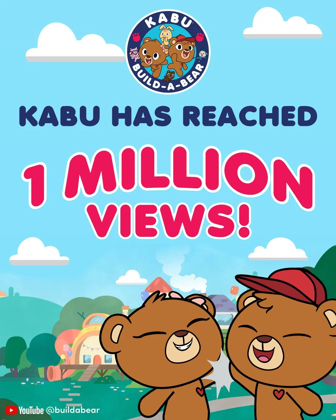 LinkedIn post to celebrate the Build a Bear animated series, KABU reaching 1 million views. Using composited stills from the show. 