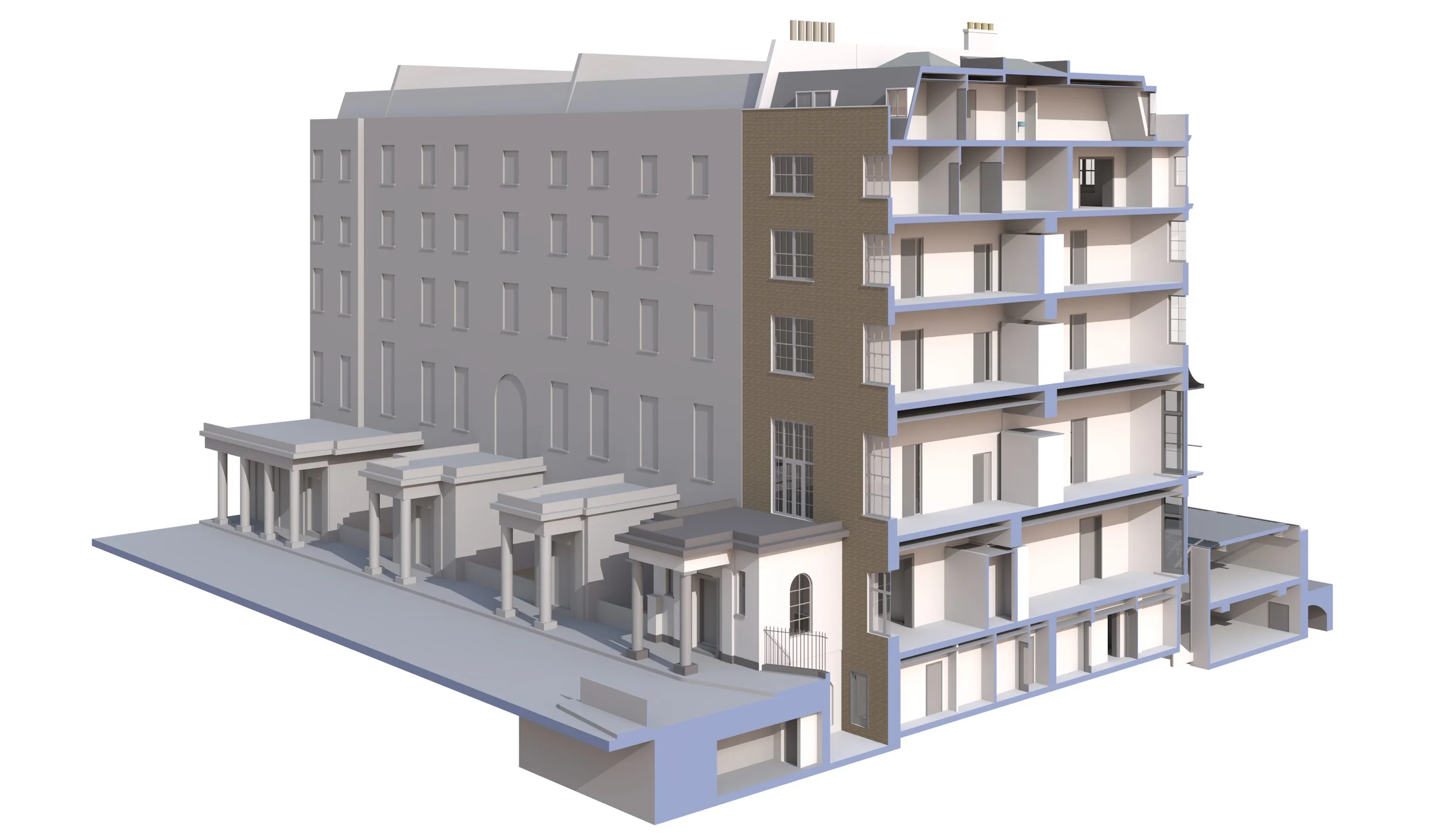 3. Detiled 3D model of townhouse from rear perspective with section though the building. Others houses are shown as basic 3D model.jpg