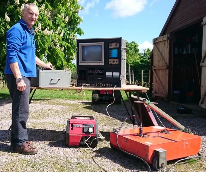 Peter Barker with his early geophysics equipment, the SIR 3 Radar System.