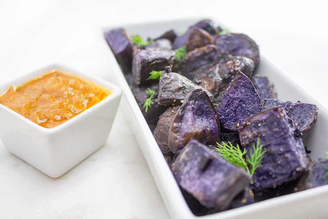 Duck Fat Roasted Purple Potatoes + Papaya Ketchup | flavortheory.com
