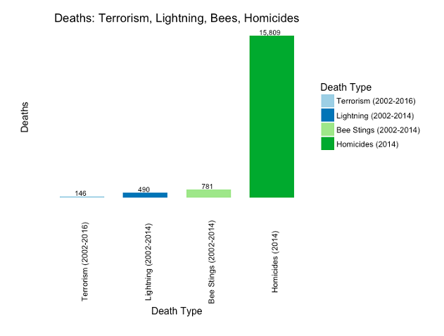   Figure 7: Terrorism, lightning, bee stings, and homicides (US, years shown in chart).  